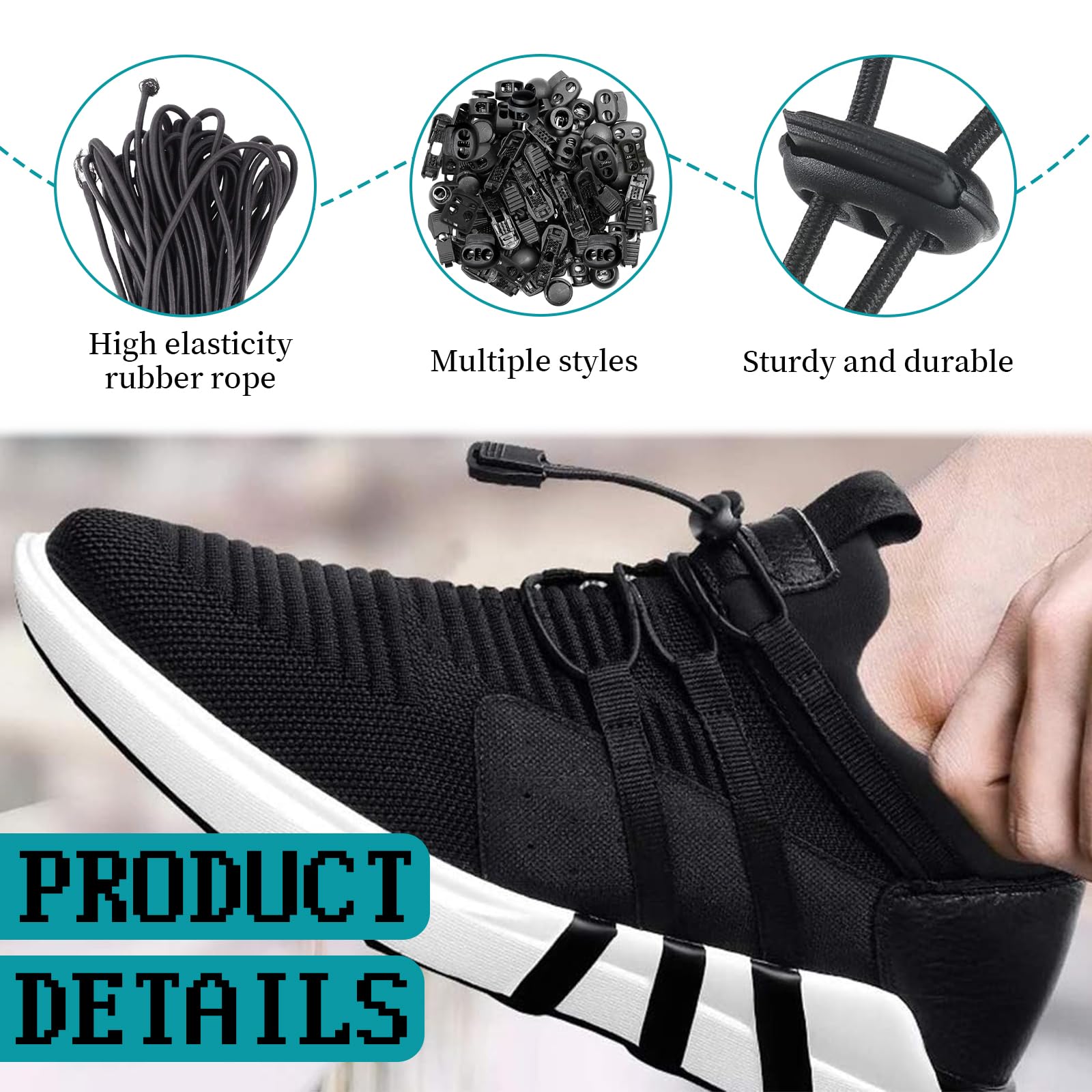 Corda Elastica, 10 m di Filo Elastico in Gomma da 3 mm con 20 Fermacorda + 60 Chiusura a Cordoncino 2 fori, Rotonda Cordino Elastico In Gomma per Coulisse, Zaino, Abbigliamento, Scarpe