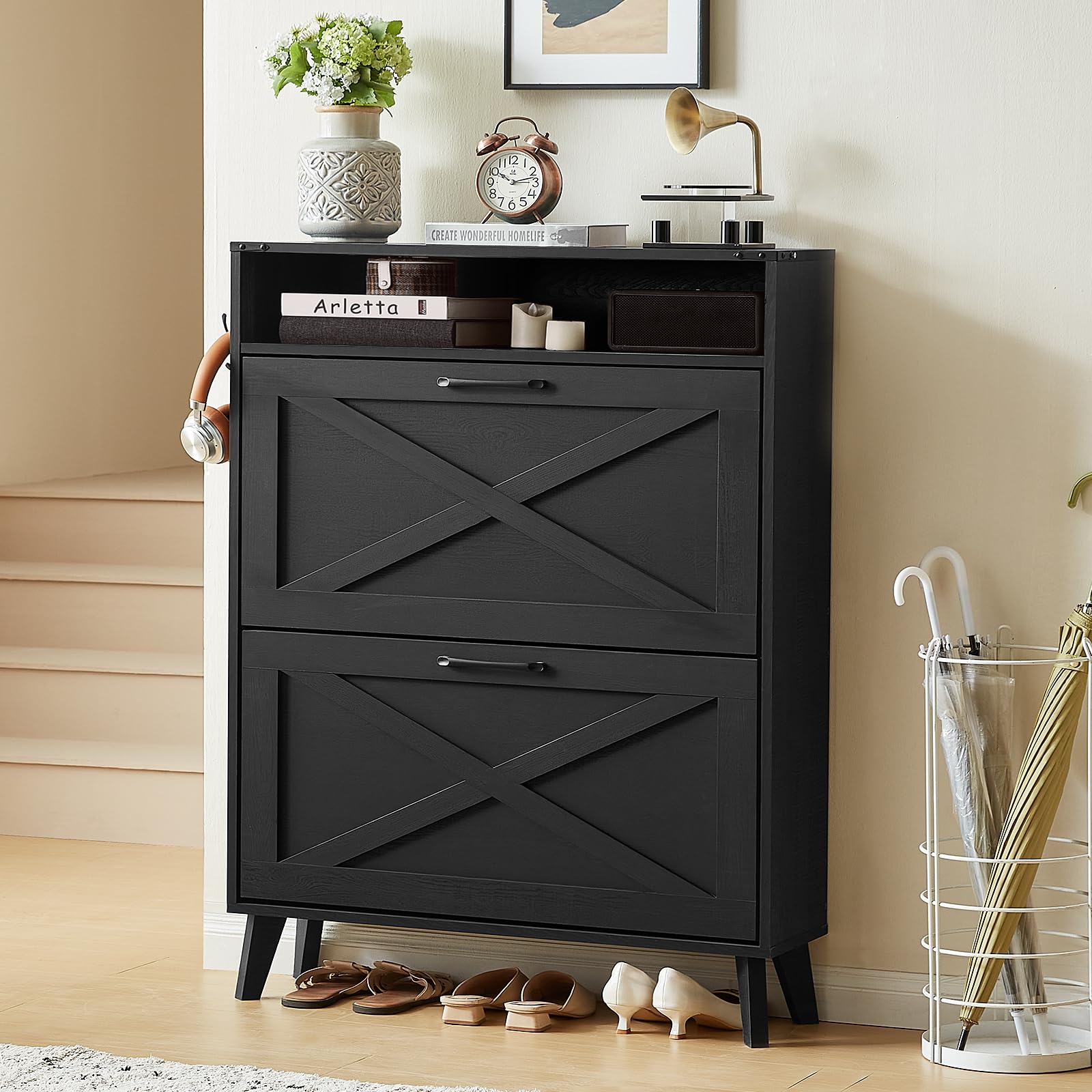 LELELINKY Shoe Storage Cabinet with 2 Flip Drawers,Farmhouse Narrow Shoe Organizer with Legs,Freestanding Hidden Slim Shoe Rack Cabinet with Open Storage for Entryway,Hallway, Foyer, Black