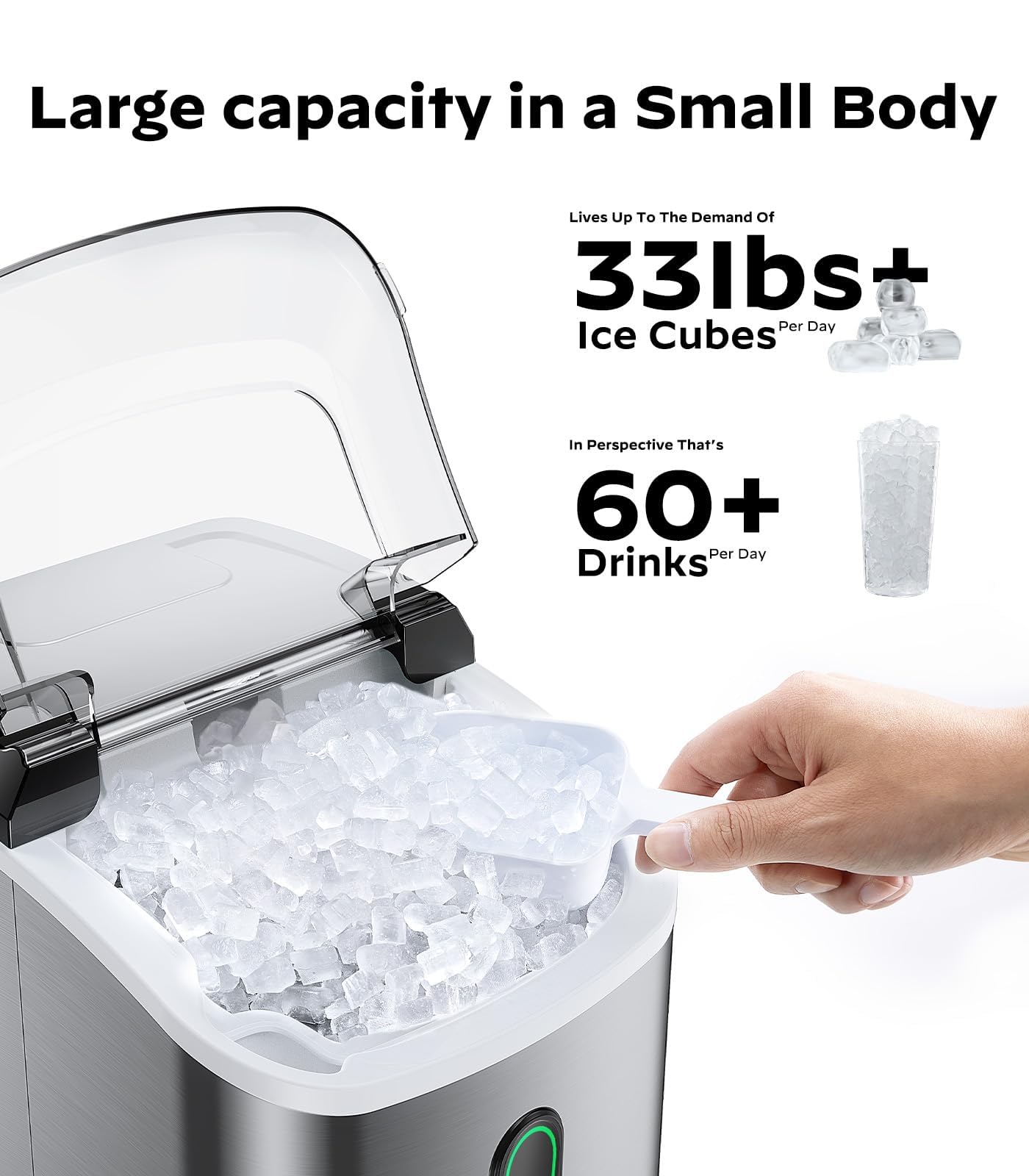 Marsail Countertop Nugget Ice Maker With Self-Cleaning & Removable Lid, 33lbs/24h Chewable Pellet Ice Machine For Home/Kitchen/Office, Stainless Steel on Fridge.com - View 4