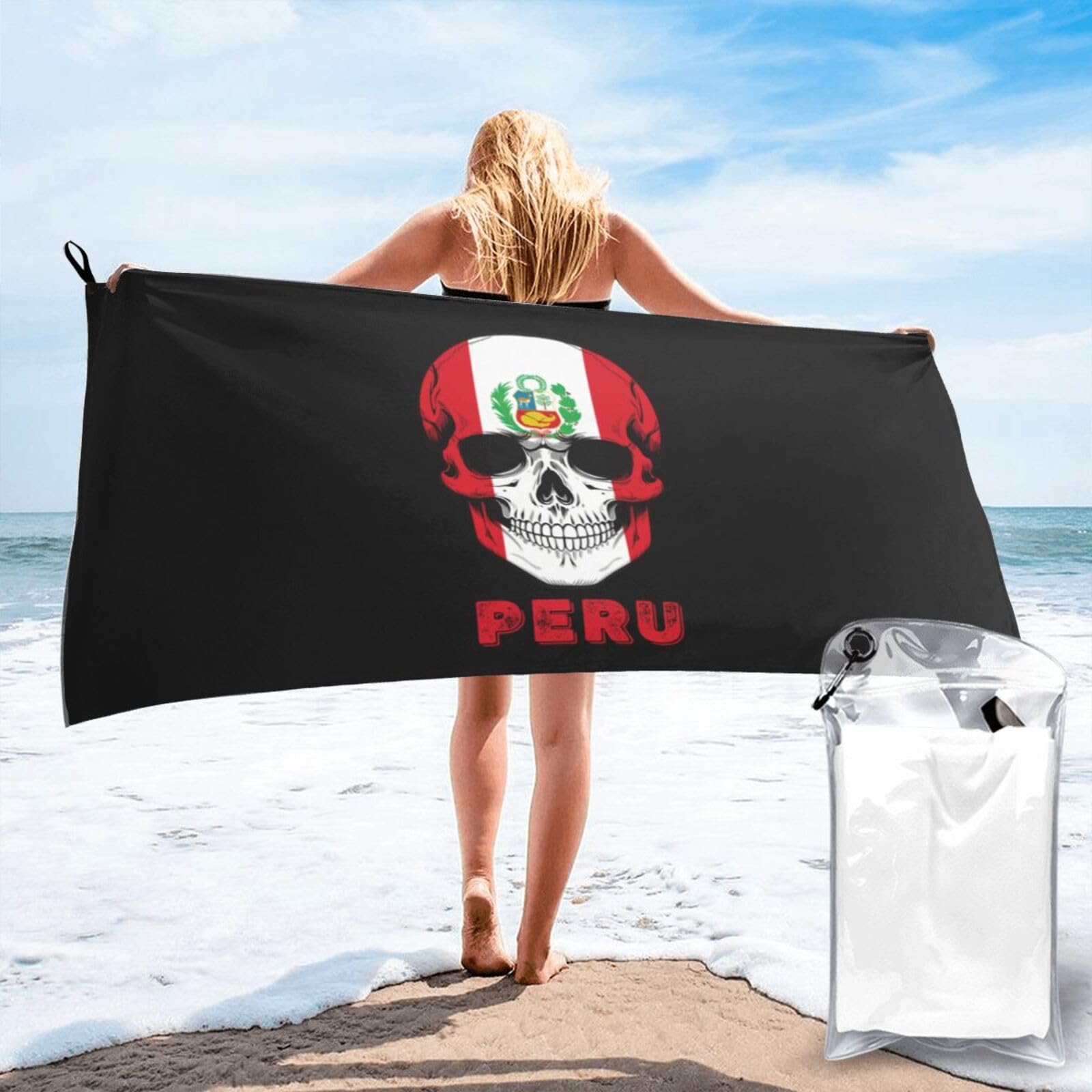HACXZ Skull Peru Flag Lightweight Absorbent Beach Towel Microfiber Beach Towel 27.5"X55"