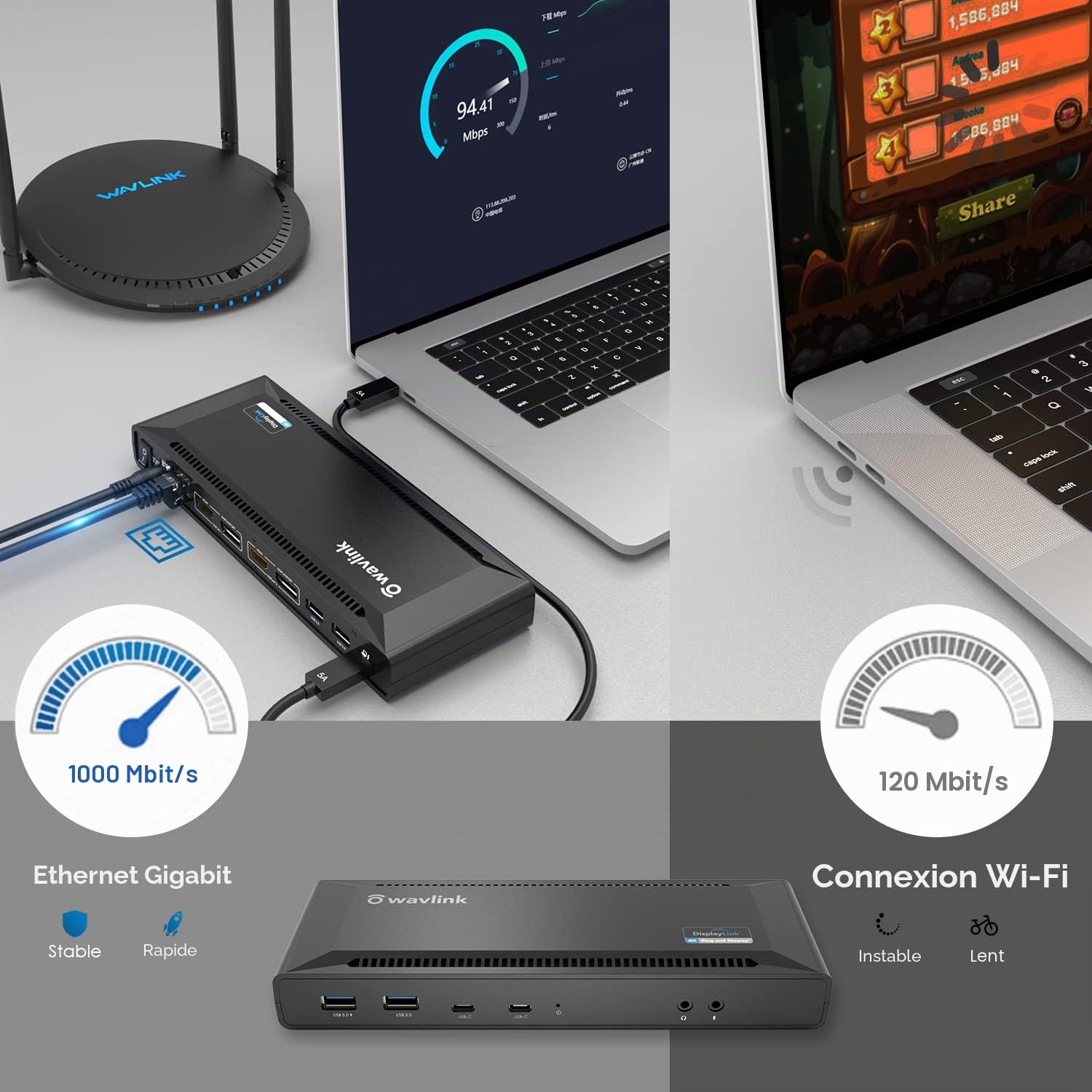 WAVLINK Station d'accueil Universelle USB C 60 W - Prend en Charge Les Sorties vidéo Double 4K (DisplayPort et HDMI, Gigabit Ethernet, Audio Out et Mic in, 4 Ports USB 3.0 et 2 Ports USB C)