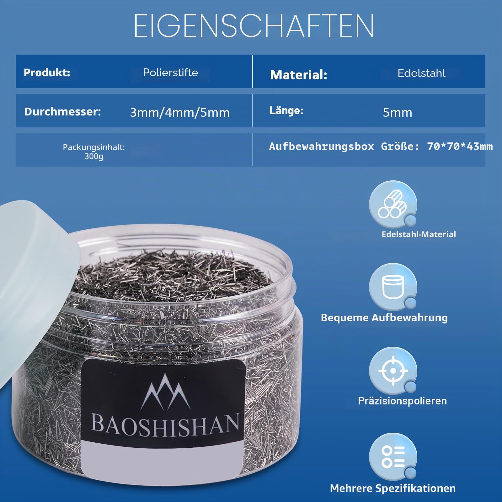 BAOSHISHAN Polierstifte Edelstahl-Endstifte für Magnetbecher Polierer Finisher 0,5 mm × 5 mm 300 g (0.5 × 5 mm, 300g)