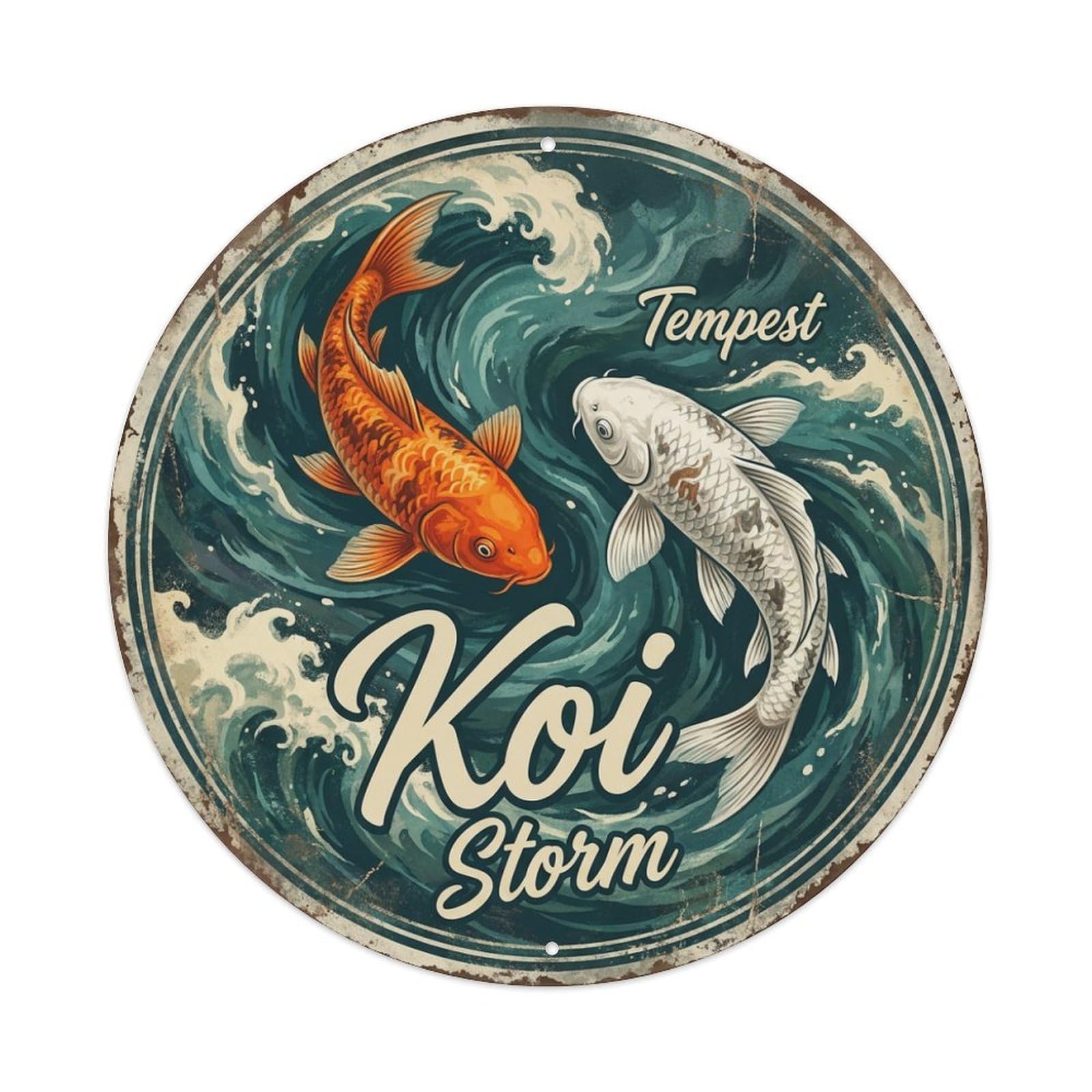 Koi Fish Tempest Storm Waters Wild Turbulent Powerful Intense Metal Tin Sign