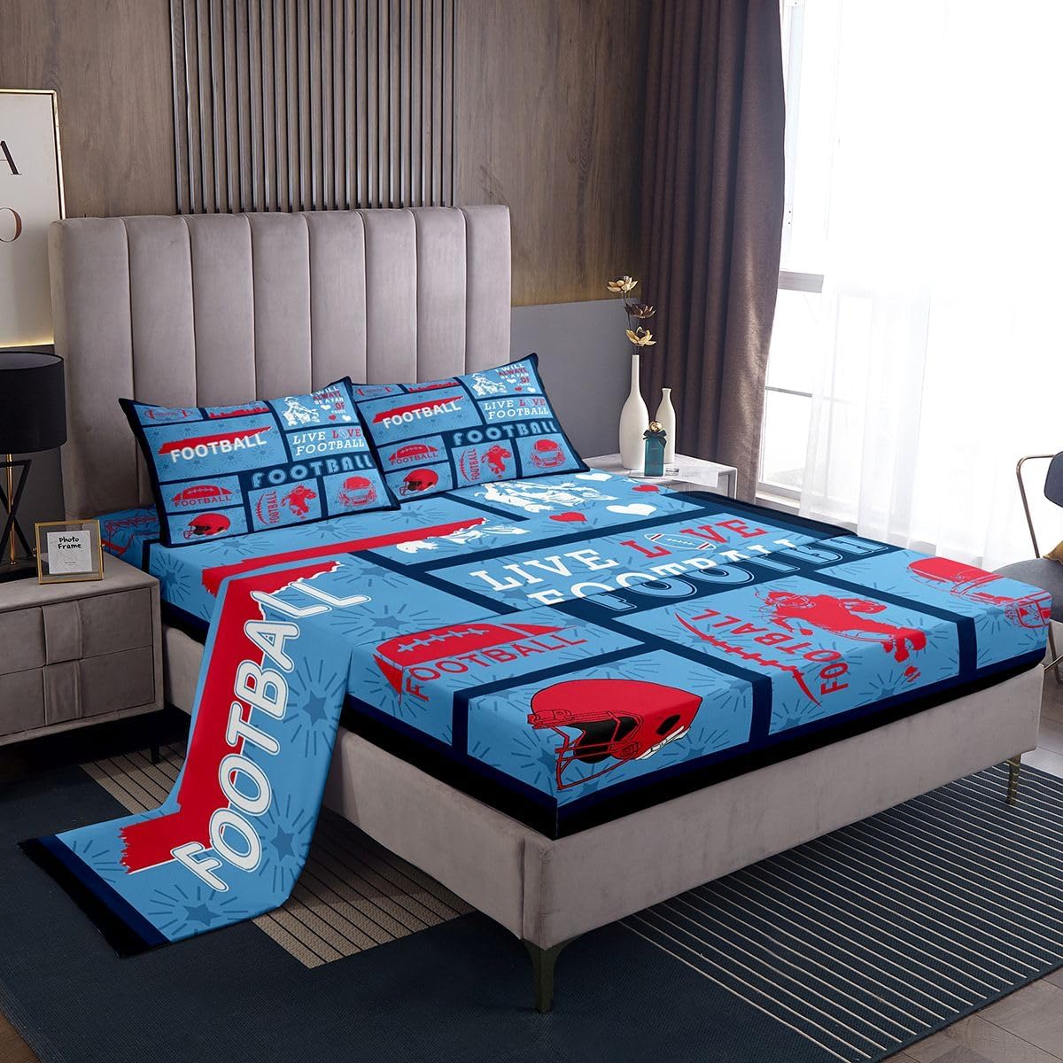 Erosebridal Football Sheet Set Full Size Soccer Games Bed Sheets Football Fans Flat Fitted Sheet for Kids Boys Teens Adult Bedroom Sports City Silhouette Bedding Sets,Light Blue