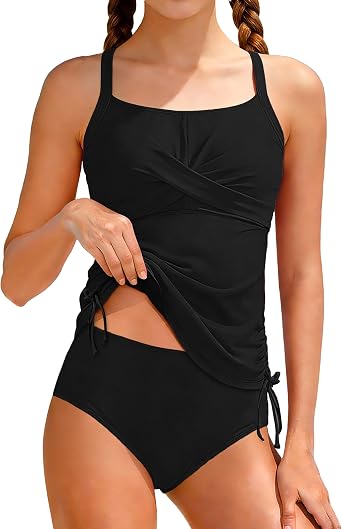Girls Swimsuit Adjustable Straps Two Piece Tankini Set Criss Cross Ruched Drawstring Teen Bathing Suits for Girls 9-16Y