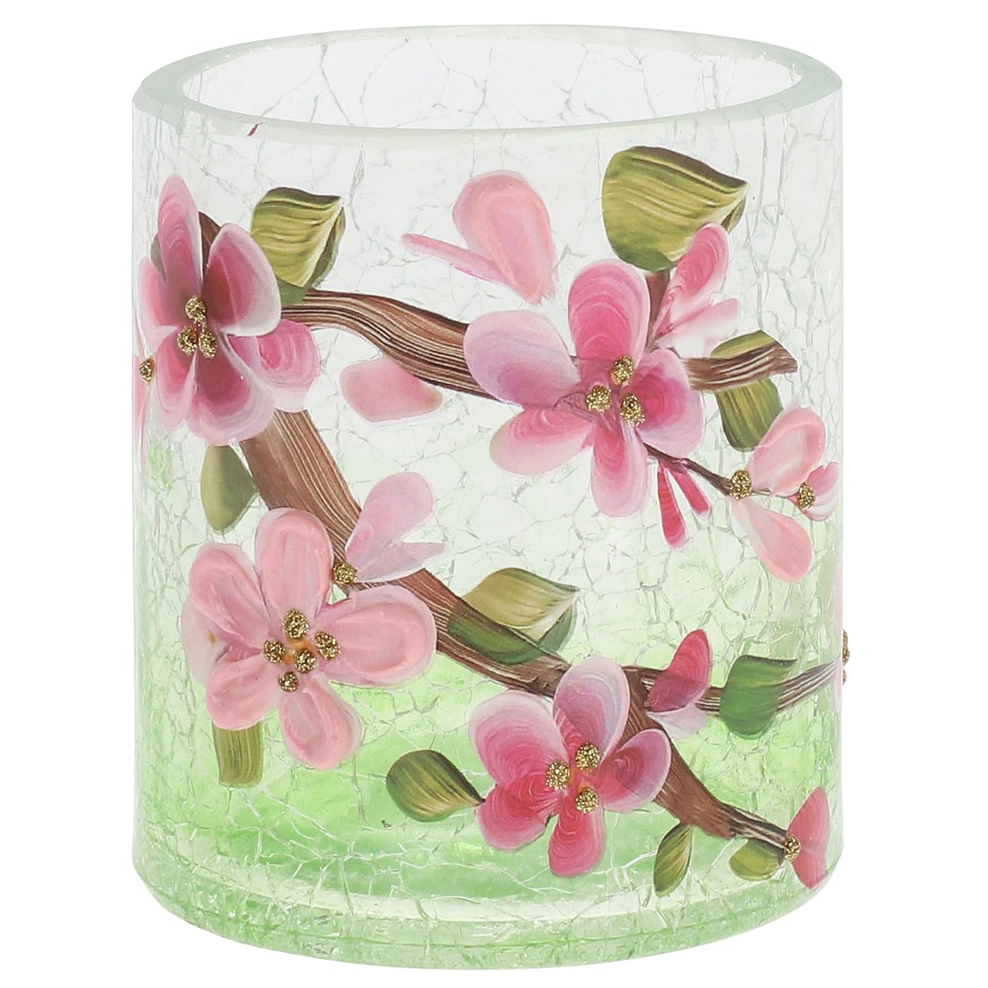 Shudehill Giftware Multicolor Hand-Painted Cherry Blossom Glass Tealight Holder, Crackle Finish, Decorative Home Accent With Floral Design (Small Height 7.5X Width 6.5X Depth 6.5 Cm)