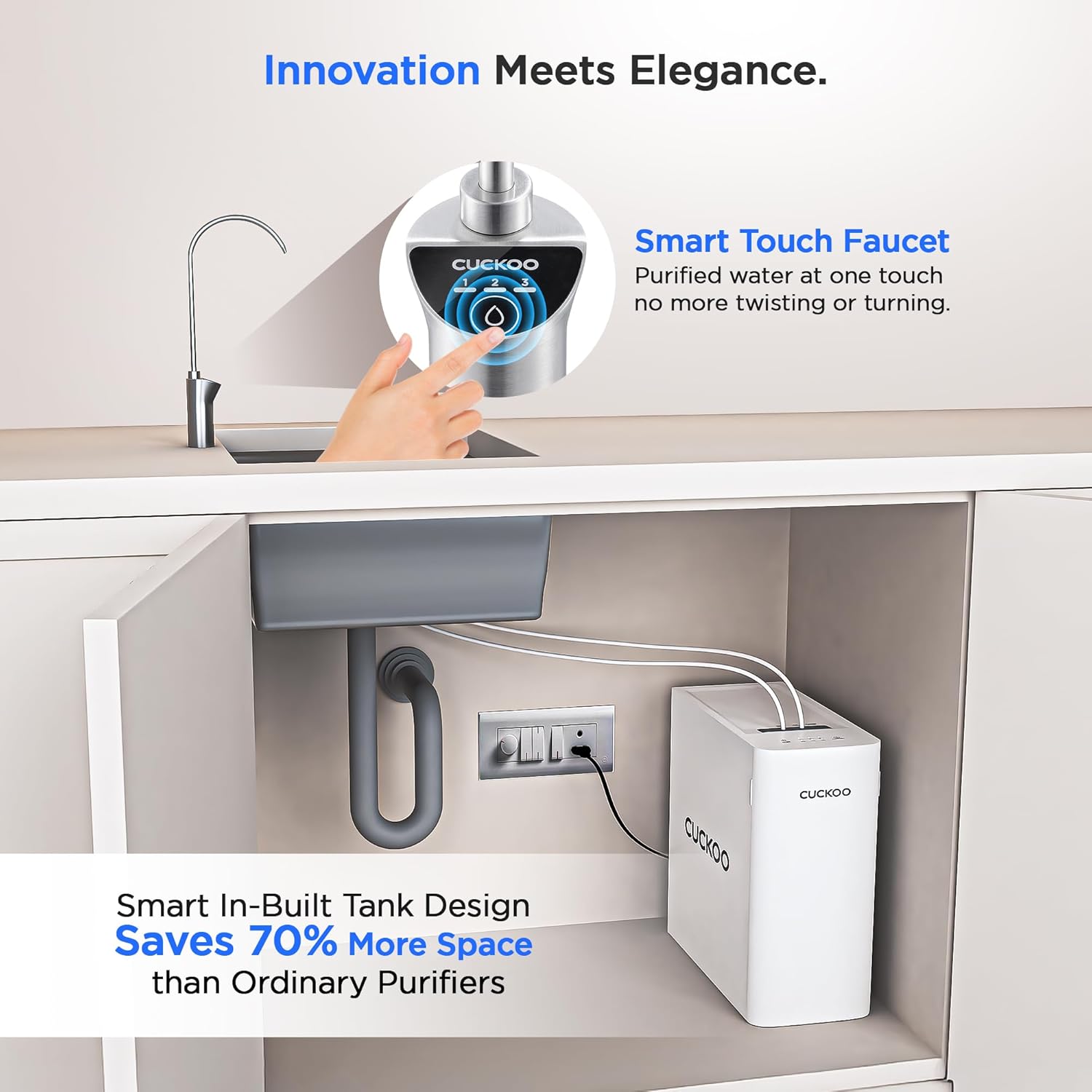 CUCKOO Yuva water purifier installed under a kitchen sink with smart faucet