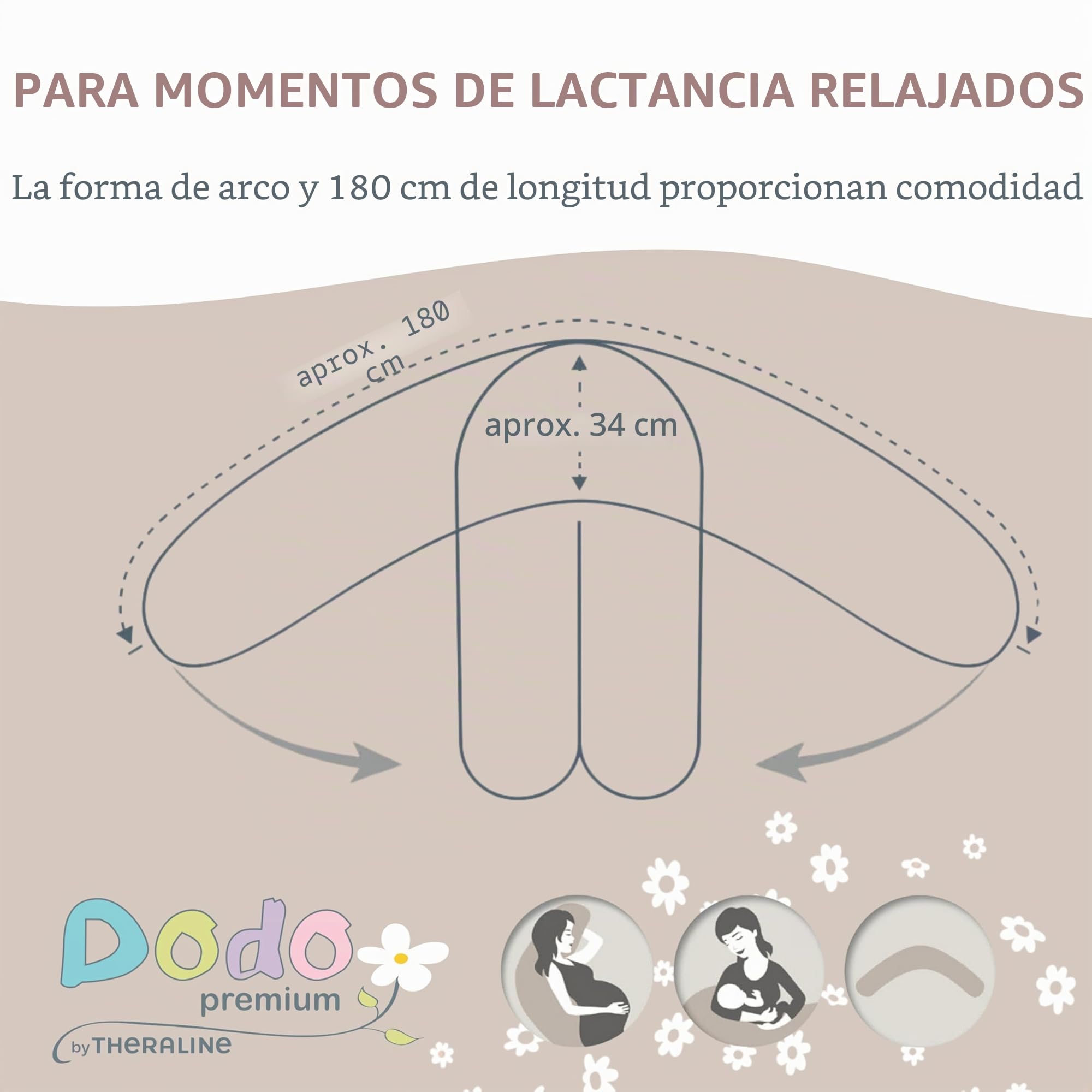Theraline Almohada Embarazada XXL Dodo Pillow by Cojin Lactancia Bebé con Funda de Muselina de Algodón 180 cm - Relleno de Perlas EPS - Sin Sustancias Nocivas - Lavable a Máquina - Beige