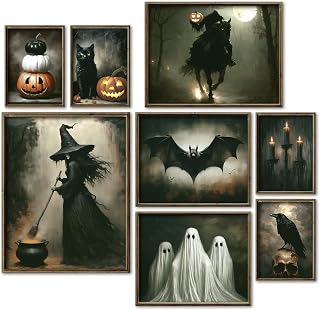 JarThenaAMCS 8Pcs Vintage Halloween Wall Art Prints Scary Headless Horse Witch Bat Ghost Art Poster Dark Goth Moody Wall Decor for Gallery Living Room Bedroom Decor (UNFRAMED)