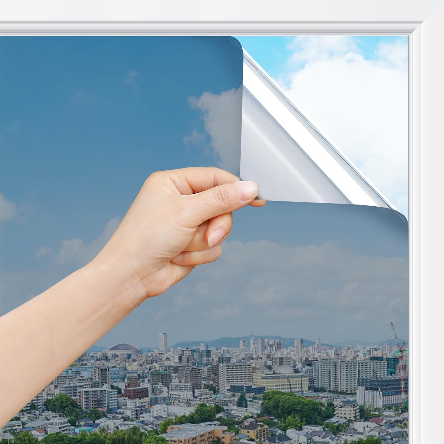 rabbitgoo Spiegelfolie Fenster Sichtschutz, Einseitig Fensterfolie Blickdicht von außen Silber 44,5x200cm, von innen durchsichtig Selbstklebend Sonnenschutzfolie UV Schutzfolie Sichtschutzfolie