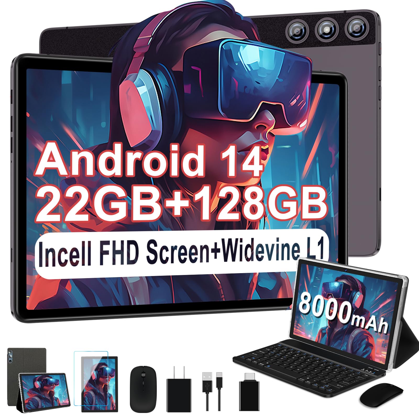 DMOAO Android Tablet 2025 Tablets with 22GB RAM+128GB ROM/ 1TB Expand, 8000mAh Battery, Octa-Core 2.0GHz CPU, 5G WiFi, GPS, 10.1 Inch FHD IPS 2 in 1 Tablet PC with Keyboard/Mouse-Gray