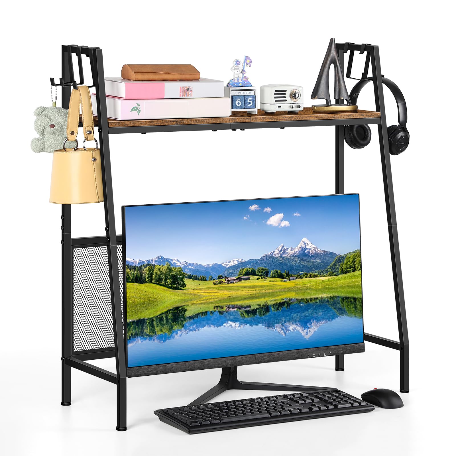 Desktop Shelf Organizer, 2 Tier Desk Shelf for Top of Desk Small Desktop Monitor Stand Riser with 5 Hooks for Home Office Dorm Kitchen, Rustic Brown