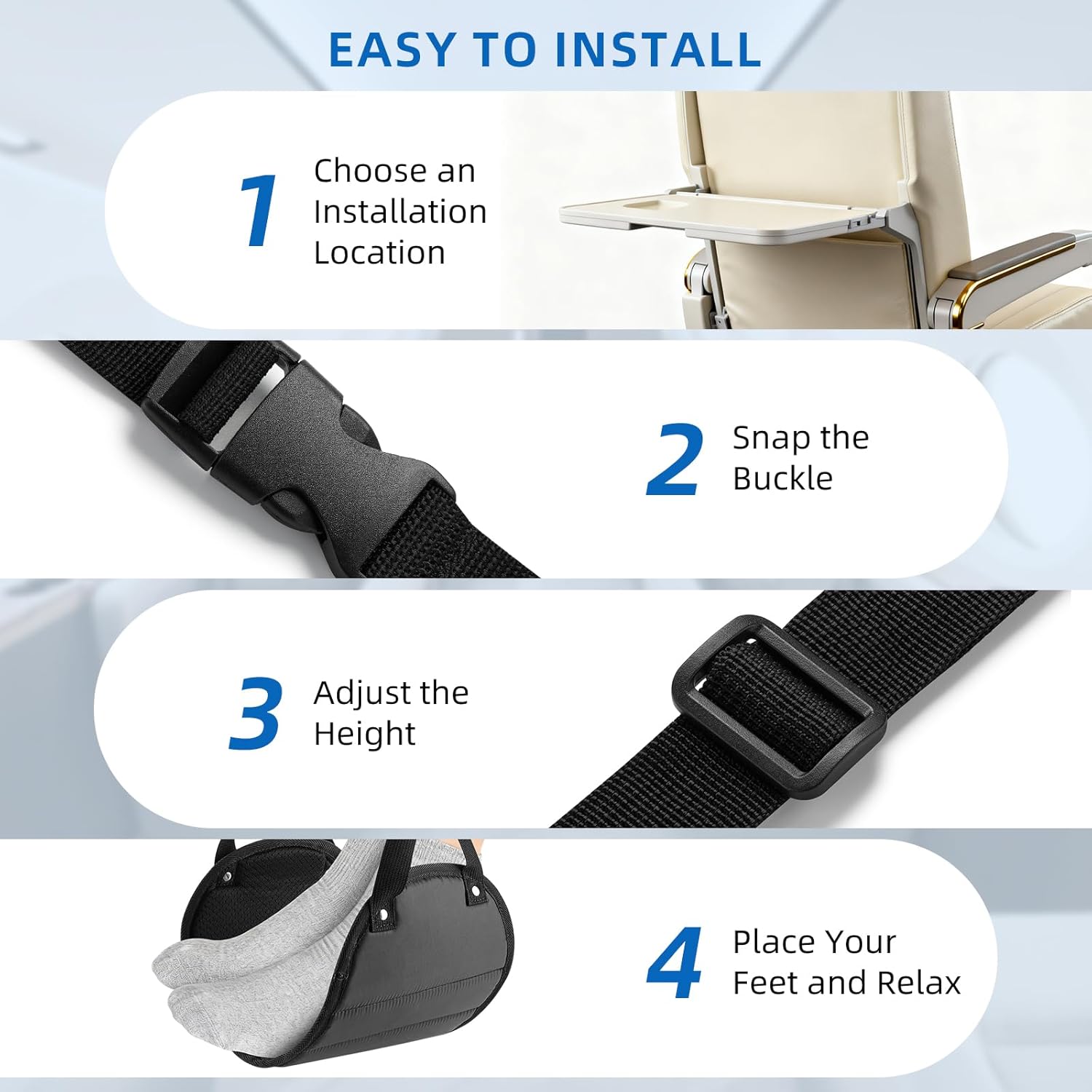 2-Pack Airplane Foot Hammock for Plane Travel – Adjustable Leg Rest Foot Hammock with Metal Buckles – Lightweight Travel Foot Rest for Airplane, Train, Bus and Car - Image 5