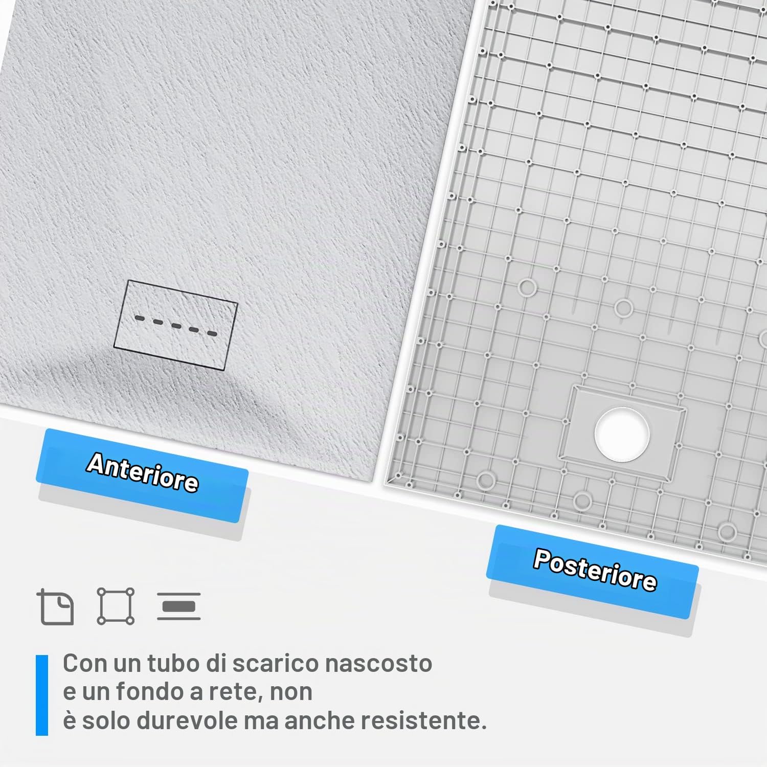 SONNI Piatto Doccia 160x80 cm, conEffetto Ardesia e Struttura Antiscivolo, Piatto Doccia Super Piatto Bianco Comprensivo di Sifone e Griglia