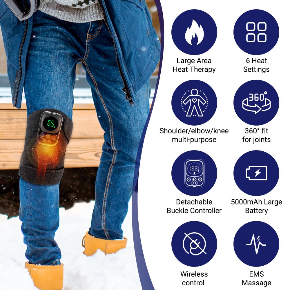 Masajeador de Rodilla Inalámbrico, Dispositivo de Calentamiento de Control Inteligente con Correas Ajustables, Rodillera con Almohadillas EMS apta para Rodilla, Hombro y Codo