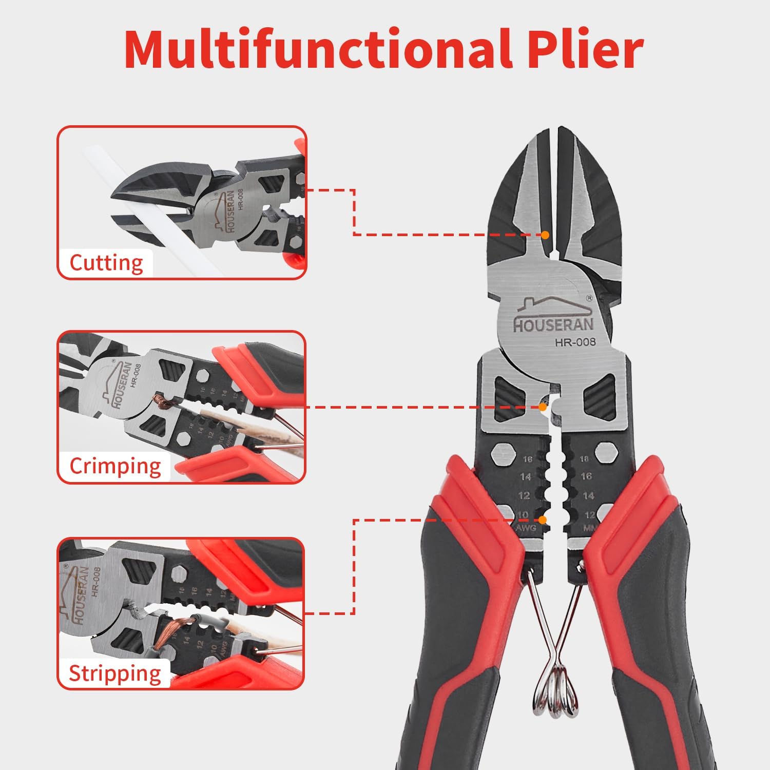 Wire Cutters, HOUSERAN Side Cutters with Wire Stripper and Crimper, 7-1/2 Inch Wire Cutters Heavy Duty, Spring Loaded with Safety Lock, 3-in-1 Diagonal Cutters for Cutting, Crimping, and Stripping
