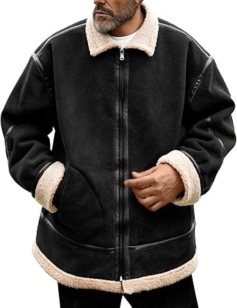 evzosrz Mens Faux Suede Jacket Fleece Sherpa Lined Zip Up Turn-Down Coats Winter Warm Casual Coat with Pockets