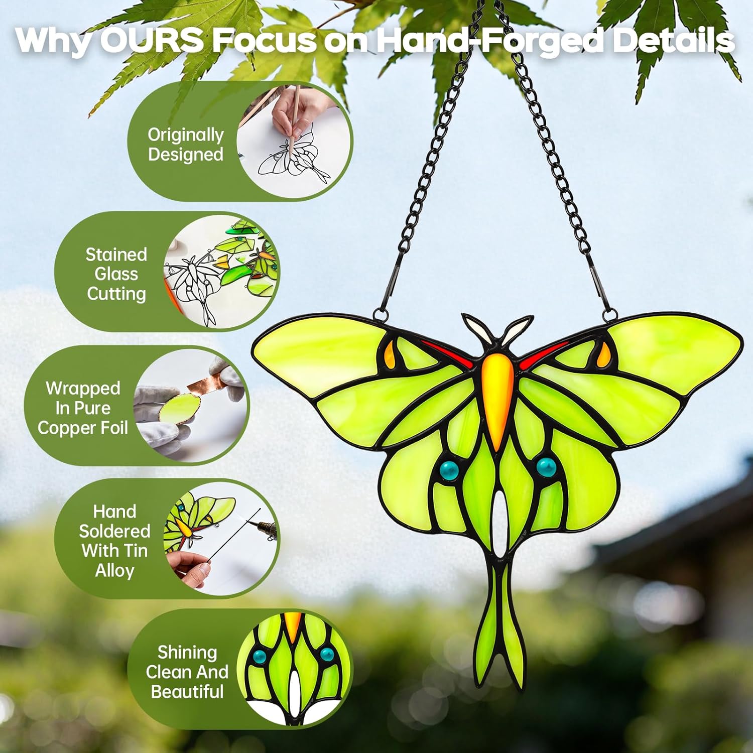 Luna Moth Sun Catcher Stained Glass Window Hanging for Valentine's Day Gift - IDEA SHOW 7.3Inch Handmade Real Glass Suncatcher Ornaments, Elegant Green Butterfly Memorial Gifts for Women, Mom, Grandma - Image 3