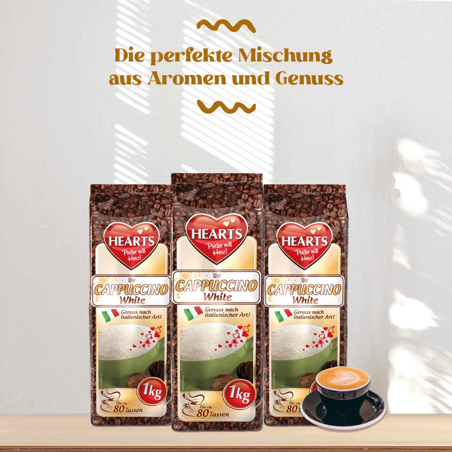 HEARTS Cappuccino White 10 x 1 kg - Genuss nach italienischer Art, ca. 80 Portionen pro Beutel, praktische Familienpackung, intensives Aroma, milchig und cremig