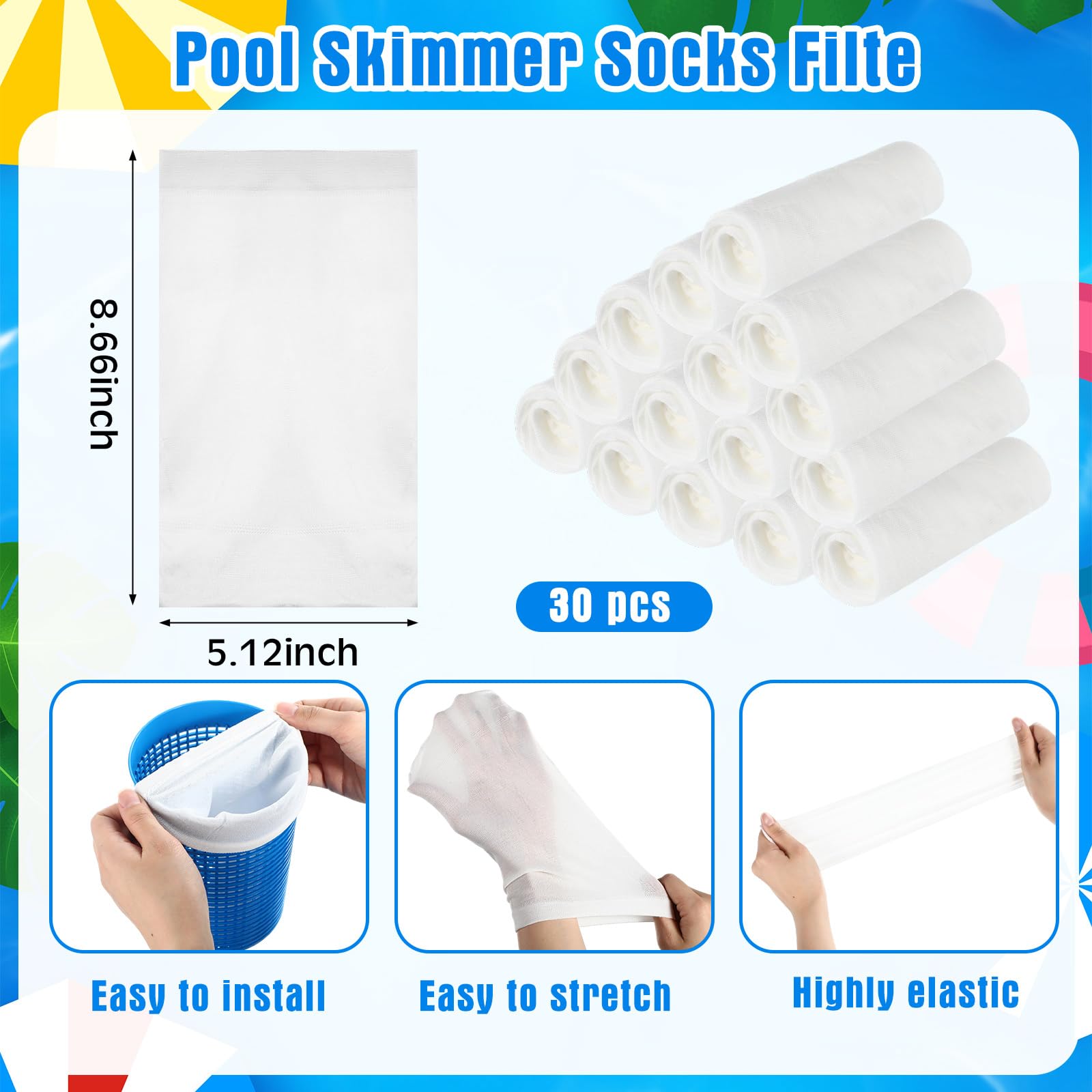 Tujoe Skimmer de superficie de piscina sobre el suelo con 30 calcetines de filtro de limpieza, skimmer de superficie de montaje en pared con manguera y cesta, se fija a collares inflables para el