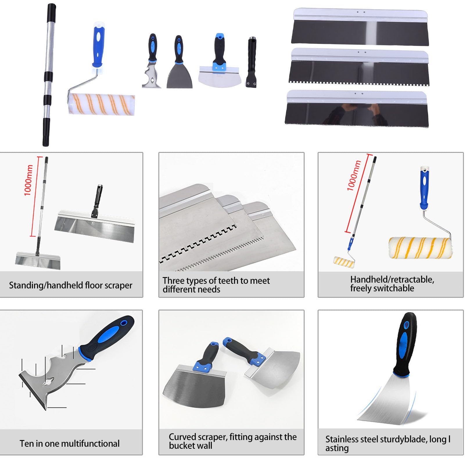 FTVOGUE Kit de Herramientas para Cemento de 10 Piezas, Bolsa de Almacenamiento Incluida, Autonivelante de Acero Inoxidable, para Trabajos de Albañilería