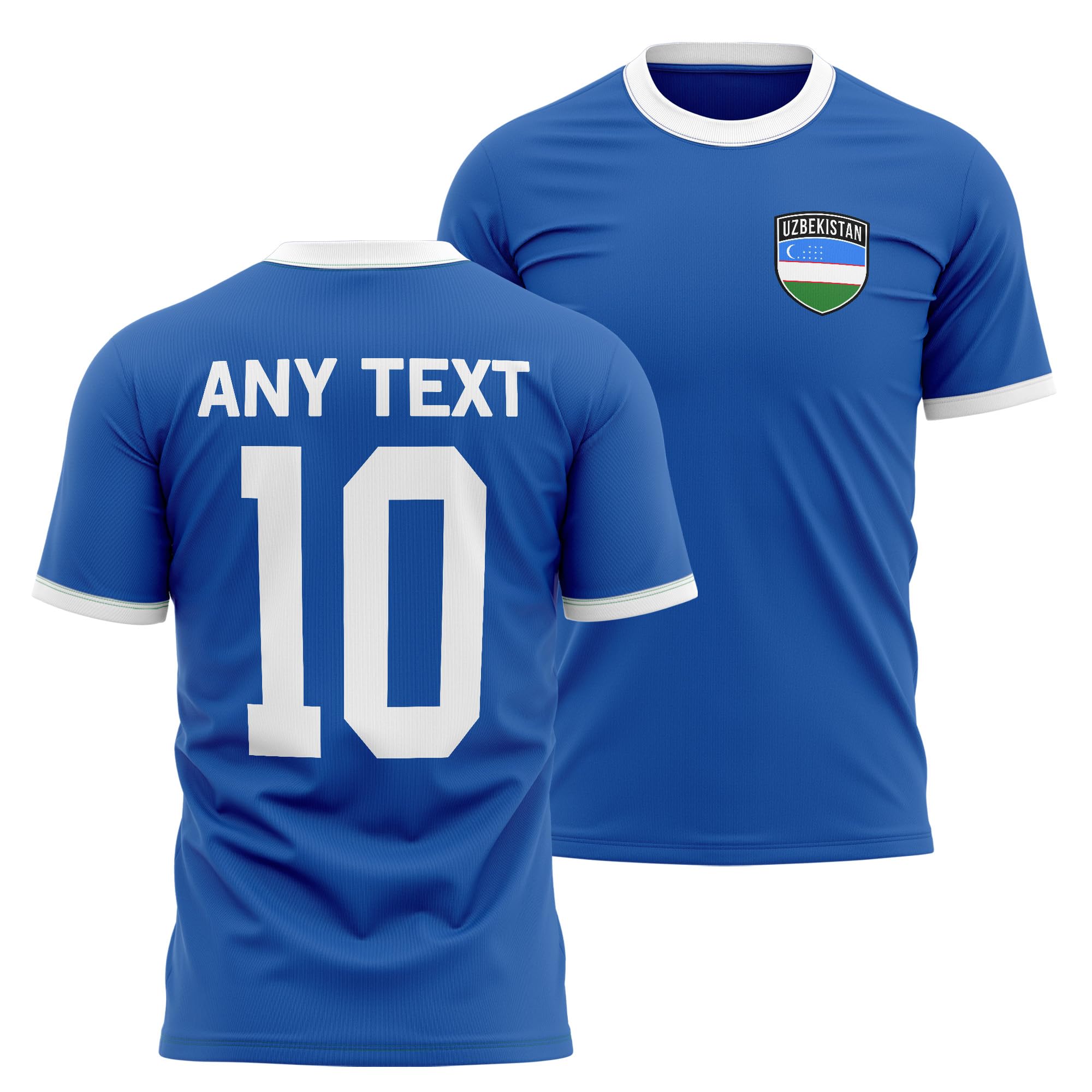 Uzbekistan Mens Ringer T Shirt - Uzbekistan Badge Custom Name Number Tee - Football Supporter Fan Top, S, Royal/White