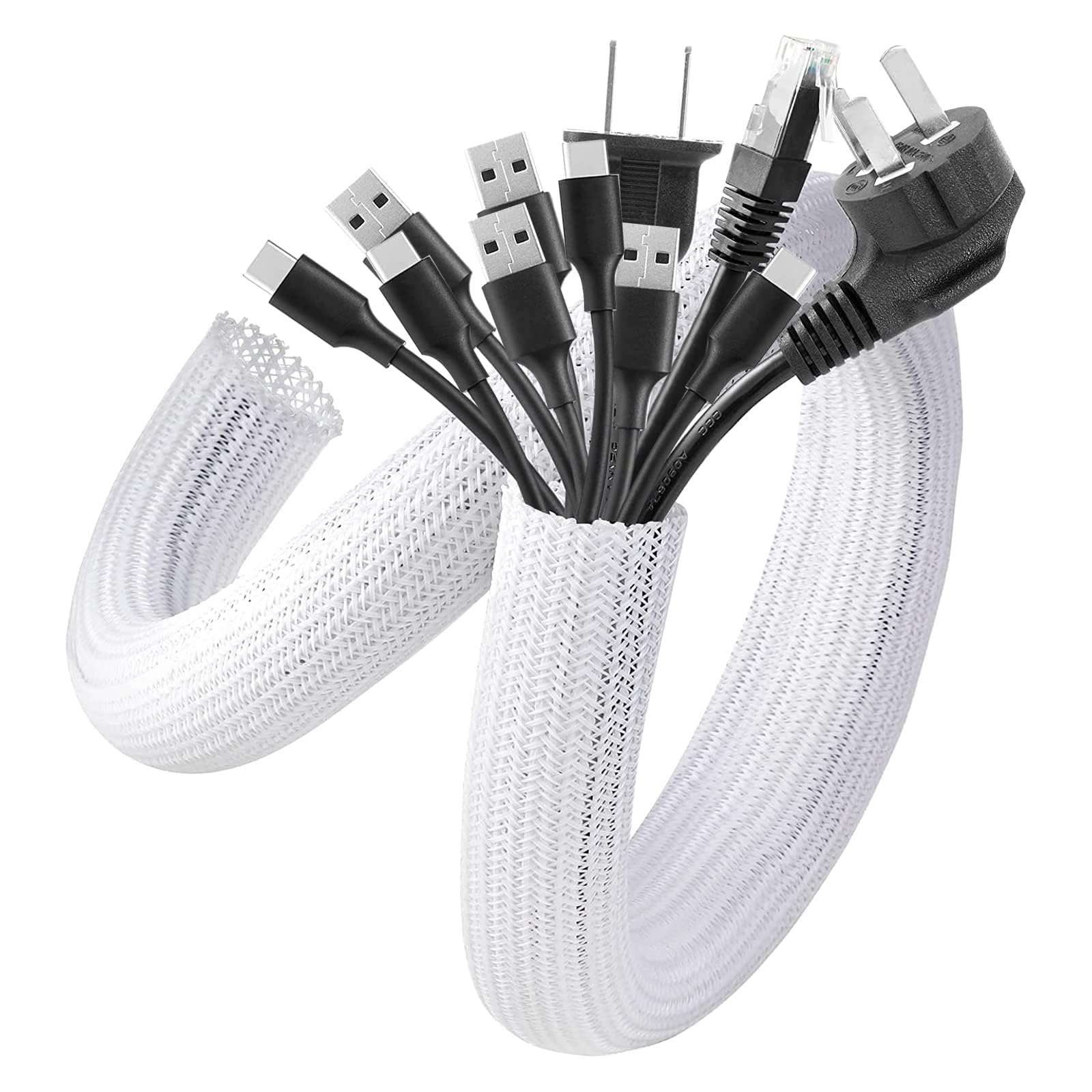AGPTEK Cable Management Sleeve, 2 Pack 5ft - 1.6 inch Cord Hider, White