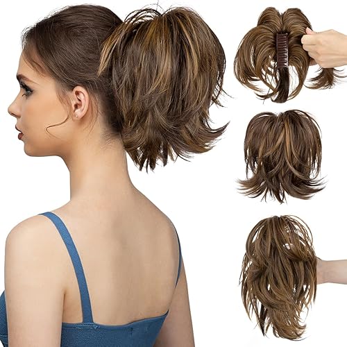 CJL HAIR Extensiones de cabello corto con clip de garra, cola de caballo de metales flexibles, moño desordenado, postizo ondulado y rizado (marrón