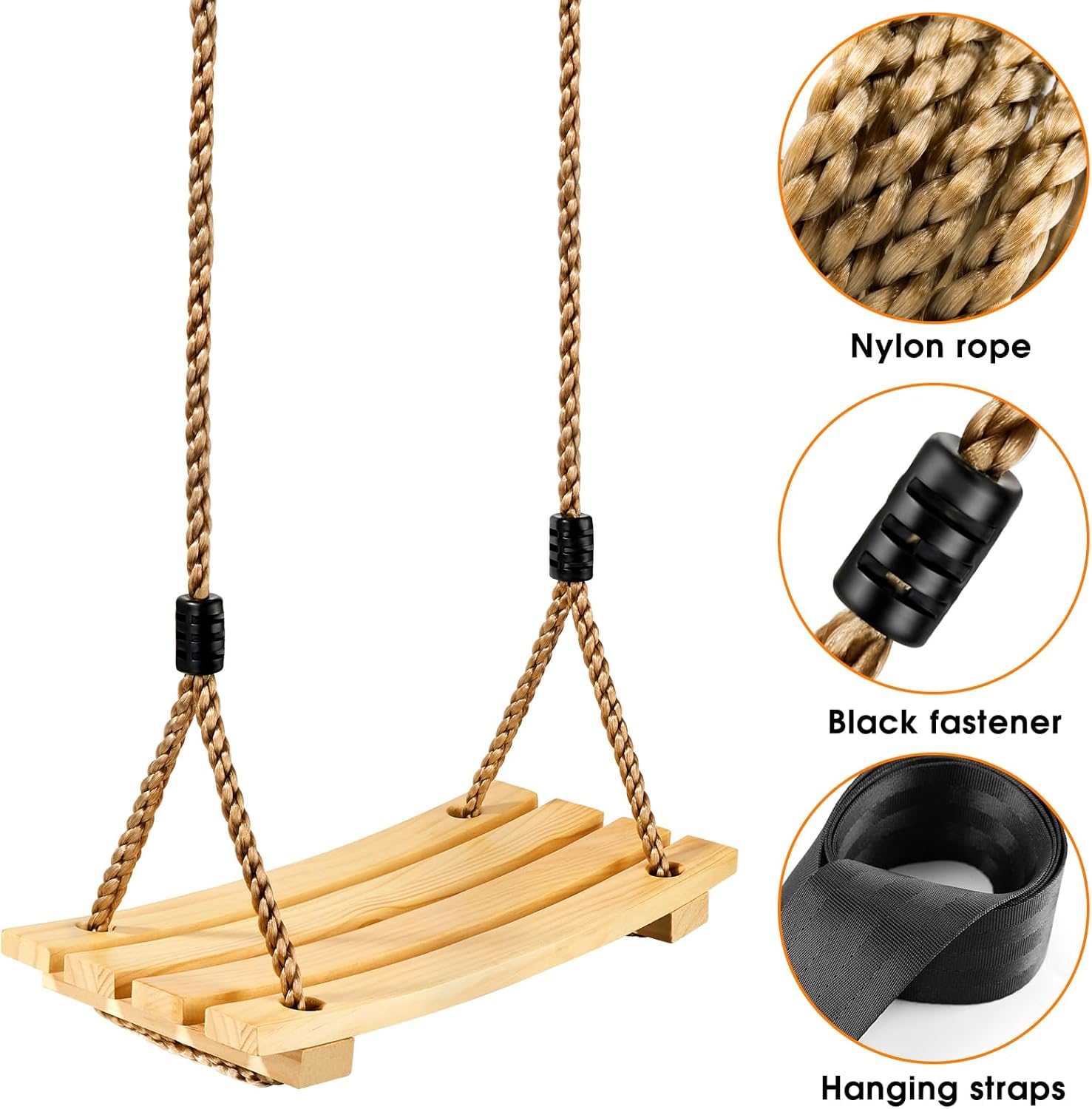 SimpleArt Wooden Swing Seat, 16.9×7.8in Outdoor Wood Swing for Kids with Adjustable Rope, Tree Straps Set Accessories for Backyard, Playground, Garden or Home