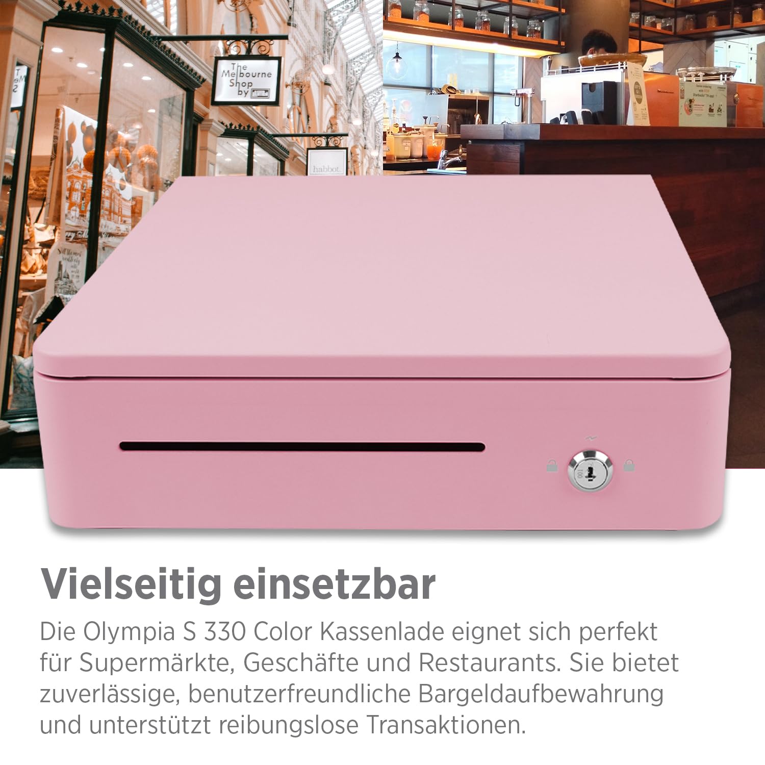 OLYMPIA S 330 - Caja registradora con 8 compartimentos para monedas y 4 billetes, robusta base de metal para caja registradora con cerradura y conector RJ11/RJ12, color rosa