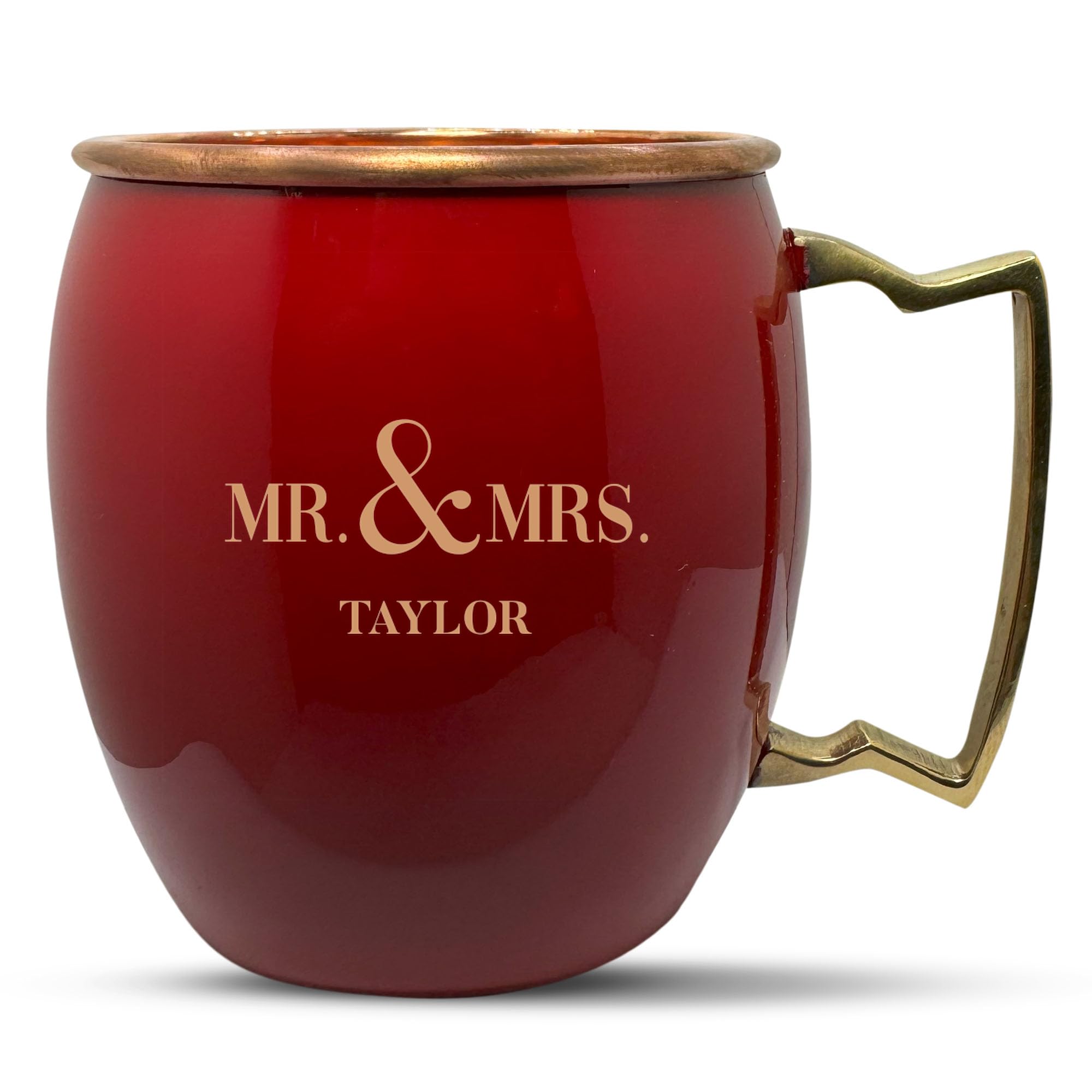 Custom Copper Moscow Mule with Smooth Painted Finish - Engraved Bar Style 100% Copper Cup with Personalized Mr and Mrs Monogram Themed Engraving, Brass Handle | 18 oz, Red