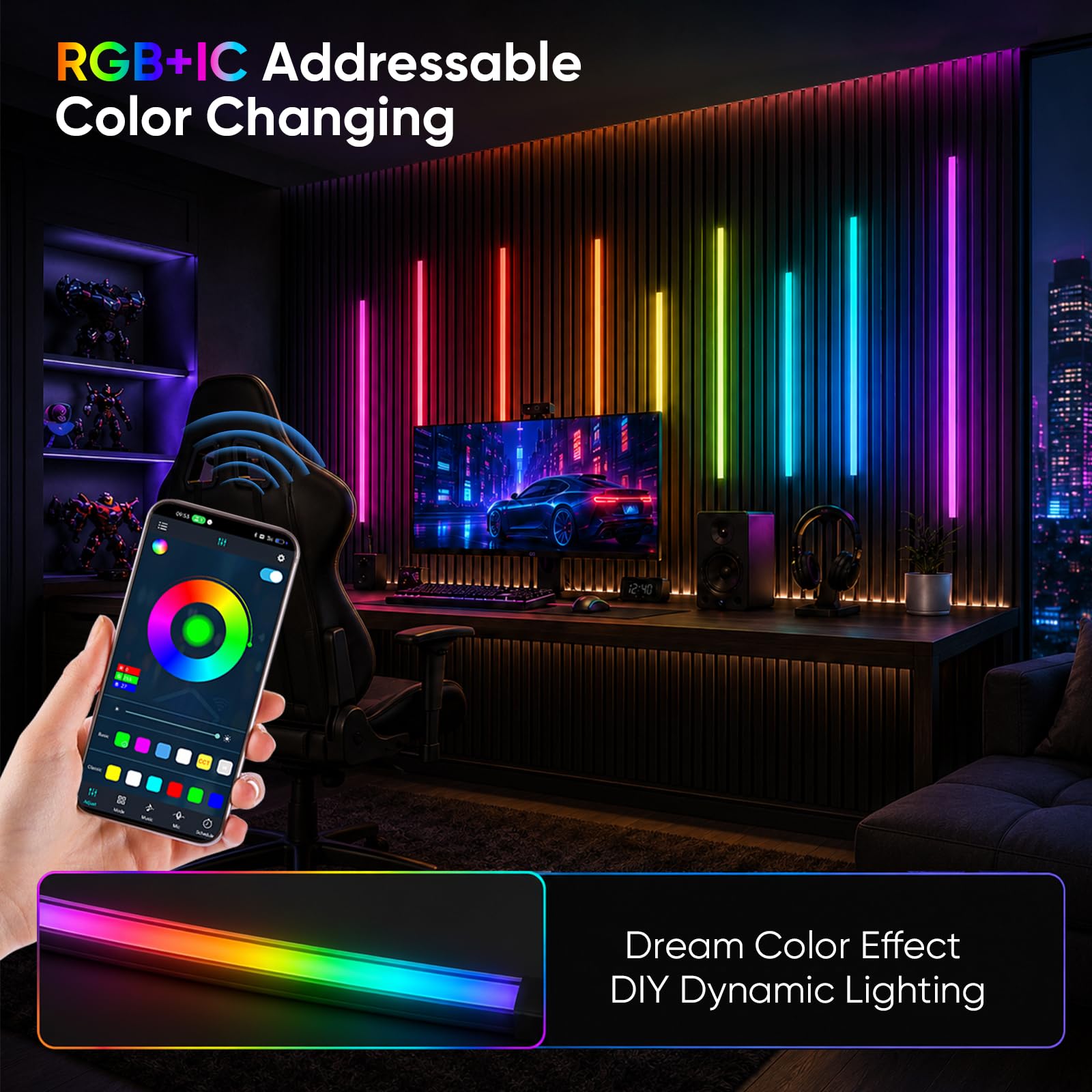 Illuminazione per Pannelli Acustici, Dimmerabile Sezionabile LED Integrati 4 LED Strisce RGB Dream Color 100cm Sincronizzazione Musicale Telecomando Regolazione Colore e Luminosità Controllo App
