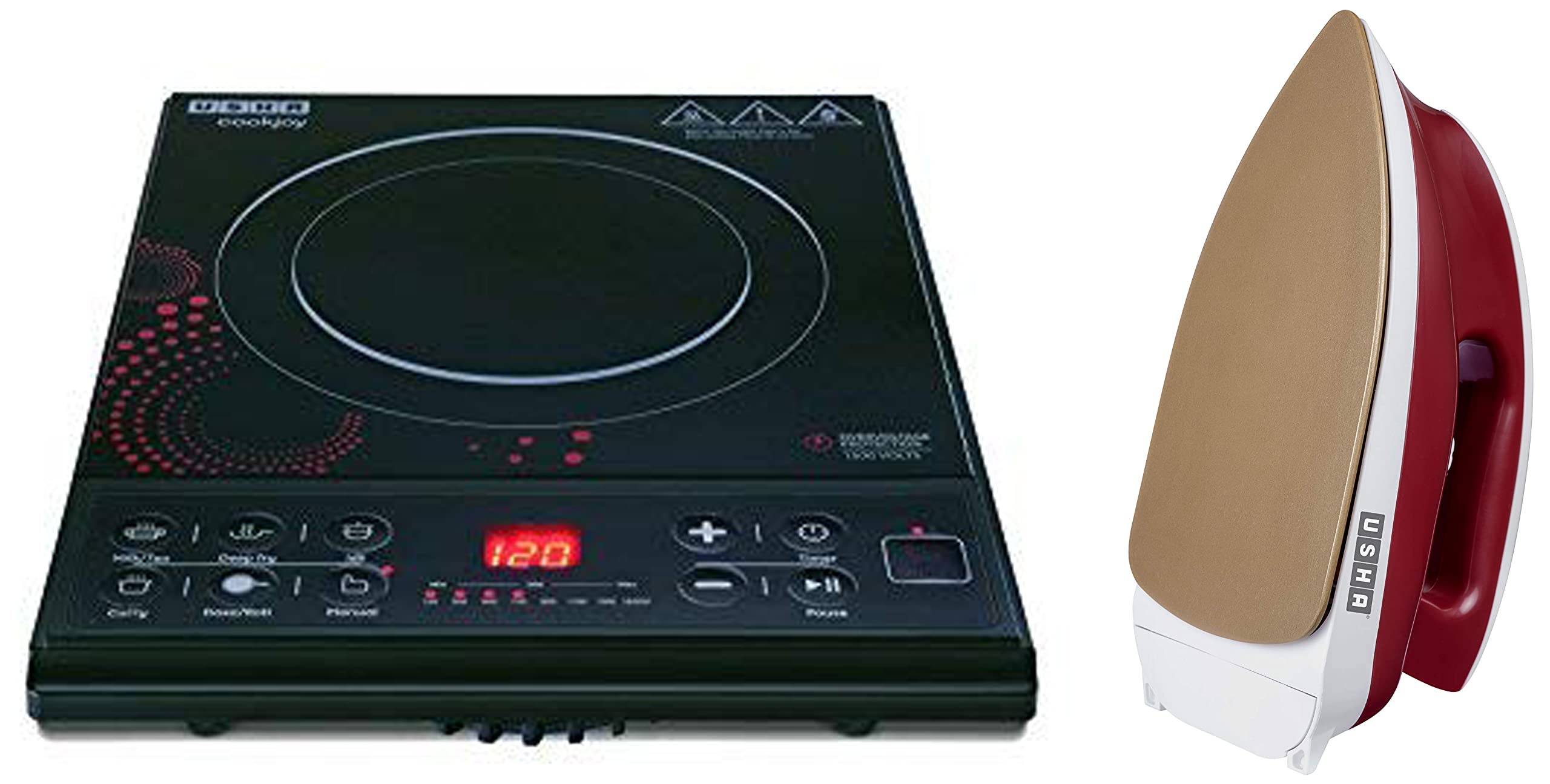 USHA Cook Joy (3616) 1600-Watt Copper Sealed Induction Cooktop (Black) & Goliath GO1200WG Heavy Weight 1200-Watt Dry Iron, 1.8 Kg(Red)-image-39