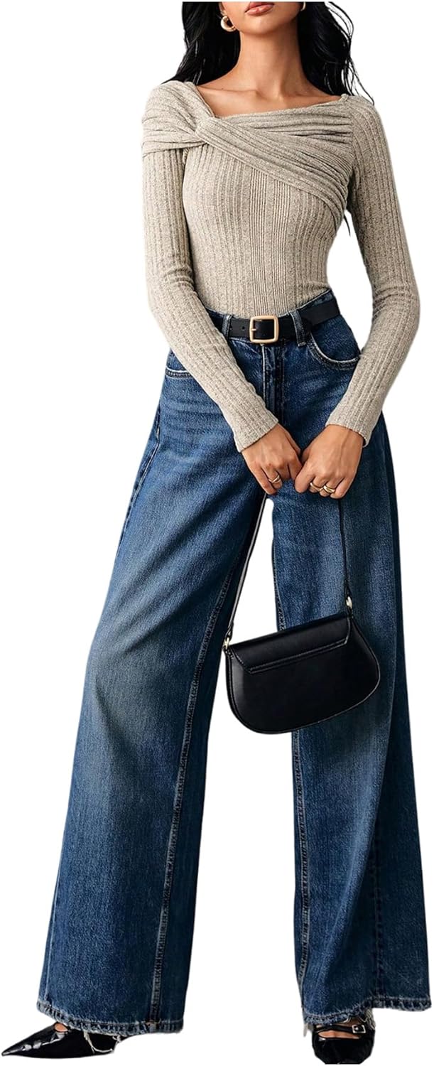 SweatyRocks Women's Twist Front Slim Fitted Tops Ribbed Knit Winter Pullover Sweater - Image 2