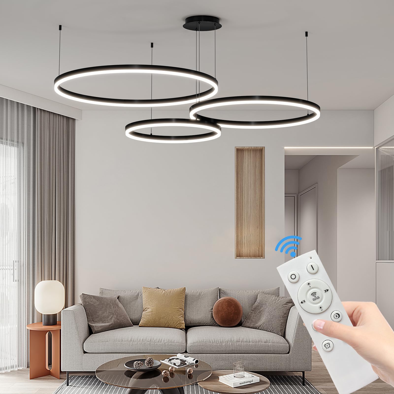 Mikeru 3 Ringe LED Pendelleuchte, 20+40+60cm Küchenlampe Hängeleuchte Modern Esszimmer Dimmbar 10% bis 100% 3000K/4500K/6000K Hängelampe LED Esstisch für Wohnzimmer, Küche