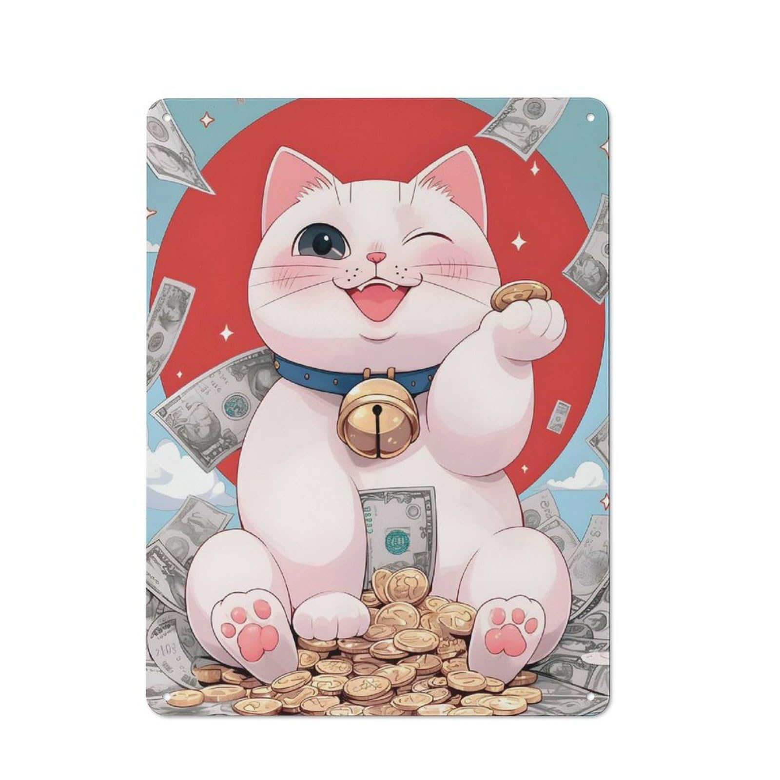 Junmoney Style-1 Lucky Cat With Coins - Maneki Neko Bitcoins Printed Metal Sign 40X30cm For Studio Or Craft Room, A New Home Present For Creative-Space Collectors