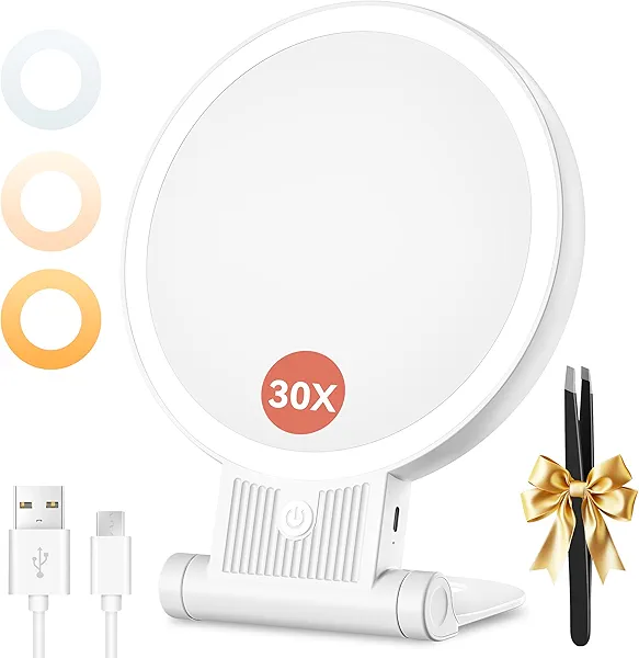 Auxmir 1X/30X Magnifying Mirror with Light, Double Sided Makeup Mirror with Adjustable 3 Color Light, 2000mAh Rechargeable Lighted Magnifying Mirrors with Tweezer, Foldable Travel Mirror with Rotation