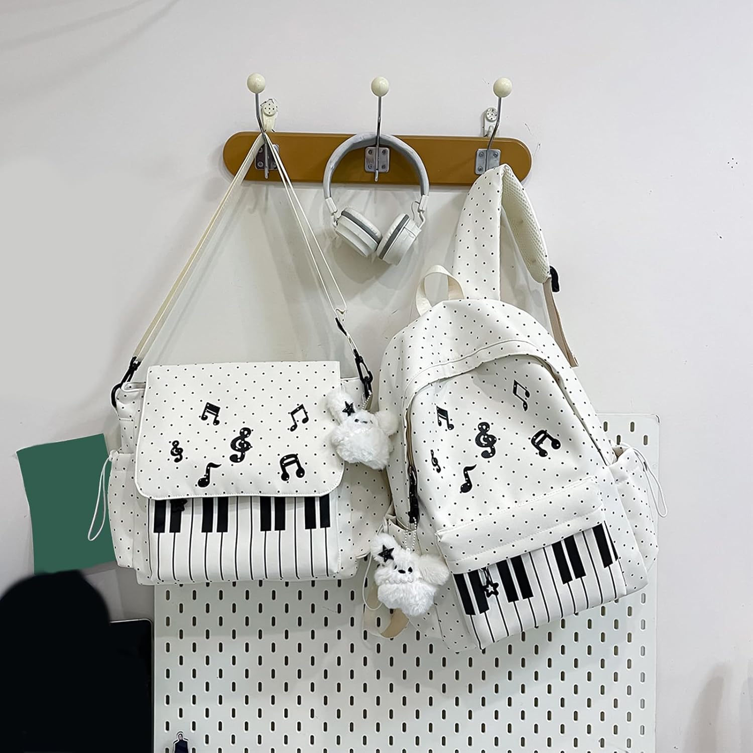 2Pcs Nylon Piano Aesthetic Backpack with Shoulder Bag Travel Daypack Bags Large Capacity for Teens Girls Women College Commute (White)