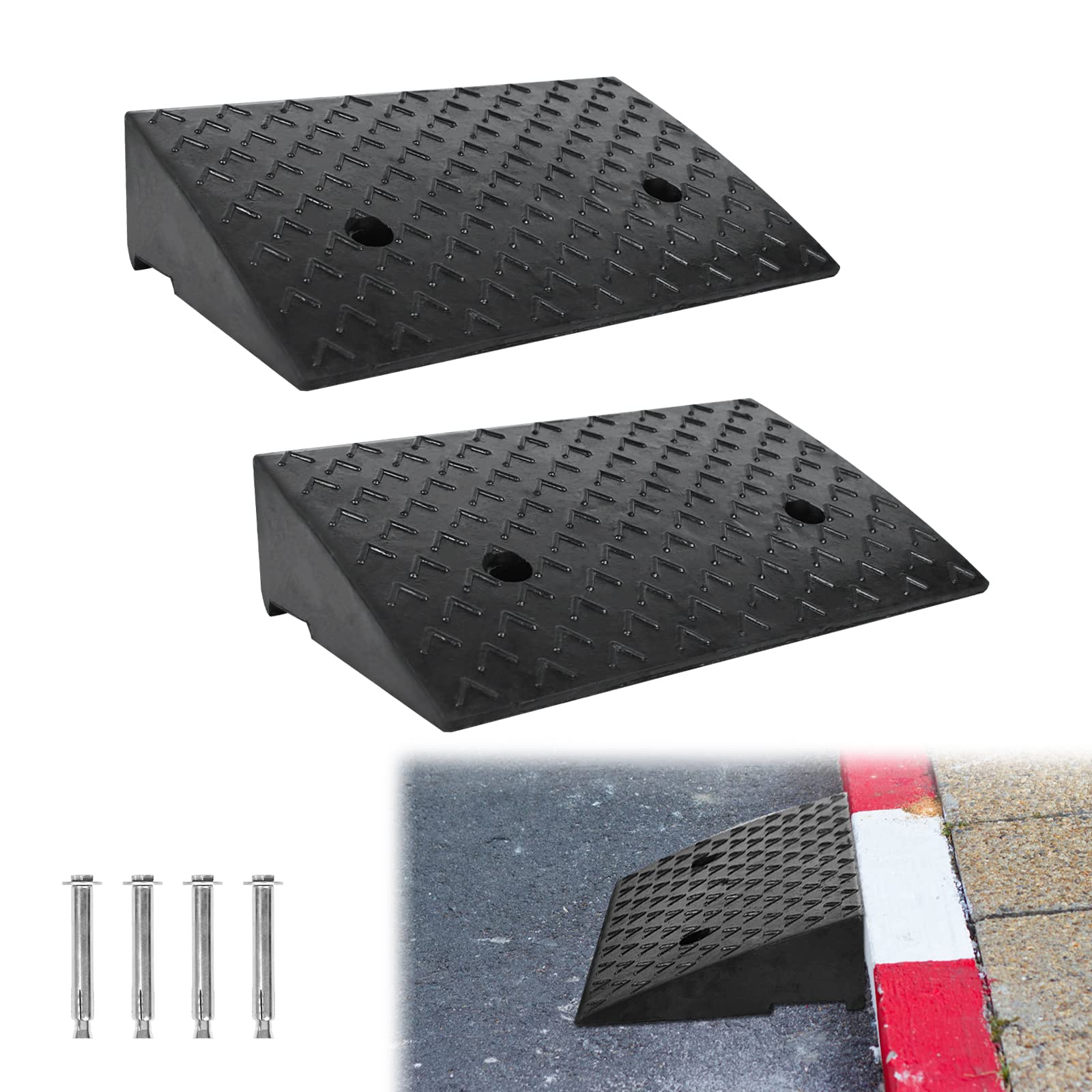 Aufun Rampa de goma para bordillos (2 unidades, 11 cm de alto, portátil, ligera, resistente, plástico, para coche, moto, silla de ruedas, andador, caravana y caseta de aparatos), color negro