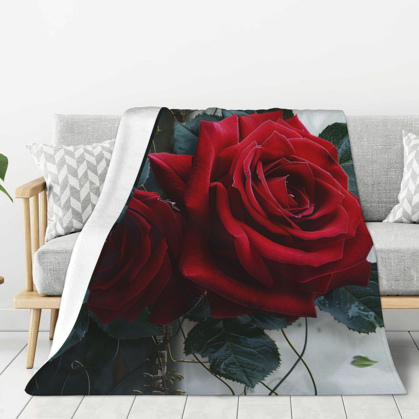 Couverture imprimée art rose gothique, plaid en flanelle premium au toucher velours