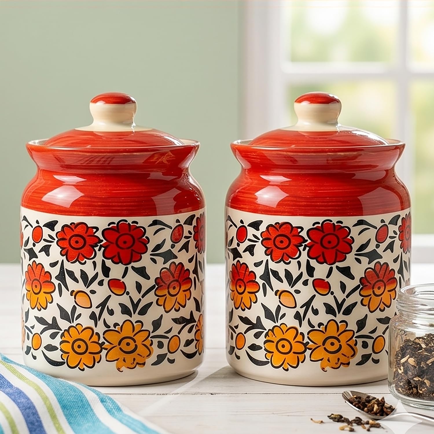 Ceramic Handmade Pickle Jars in 1000ml (set of 2) | Handpainted Floral Bale 1 kg Achaar Martban | Ceramic Jadi for Kitchen Storage (Set of 2) | Jars for Achar, Spices, Salt (HandPainted Red Sunflower)
