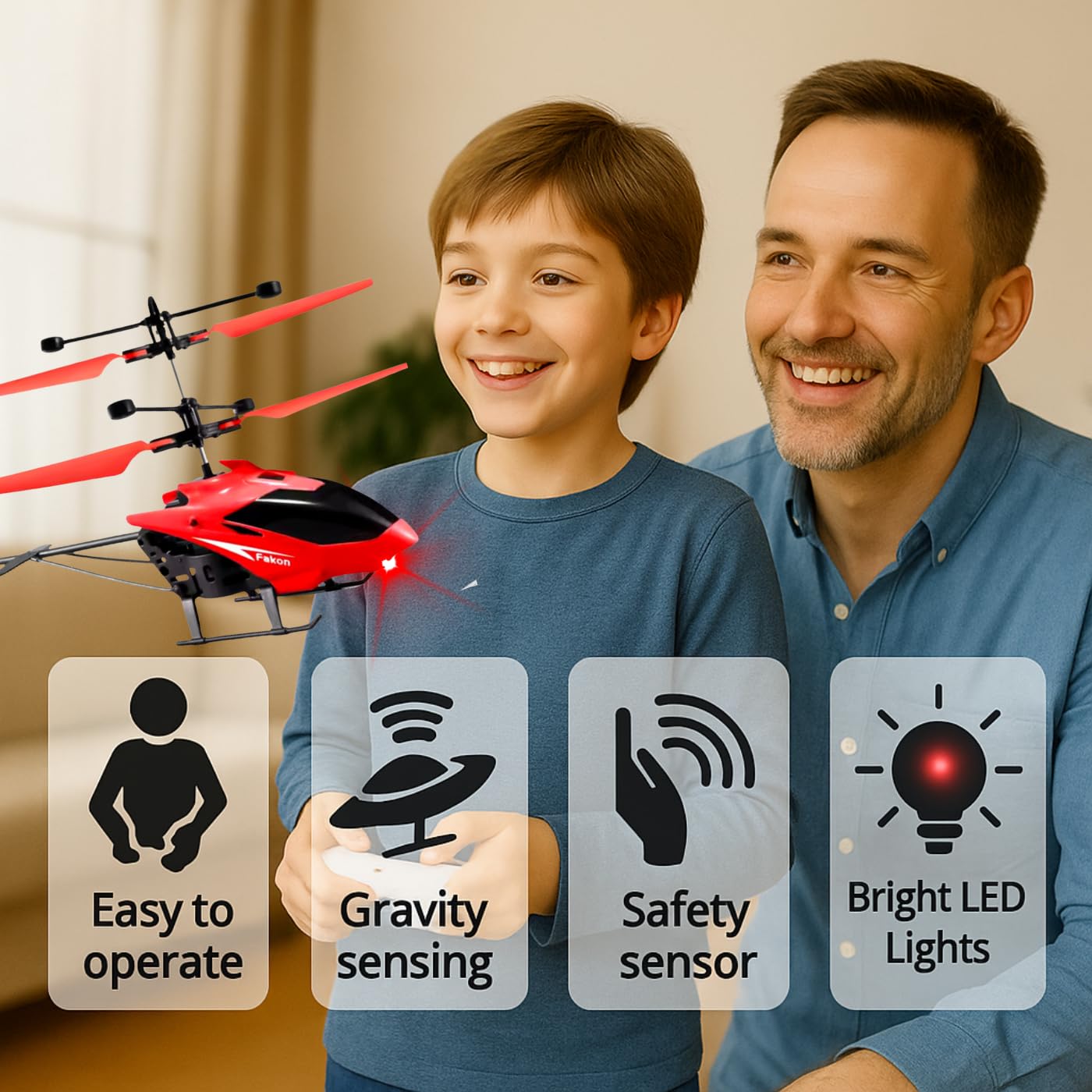 KIDZYMON® RC Helicopter with Hand Gravity Sensor, Flying Remote Control Helicopter Toy, Chargeble, 3D Light & Safety Sensor for Kids Age 4+ Years I Pack of 1 (Red)