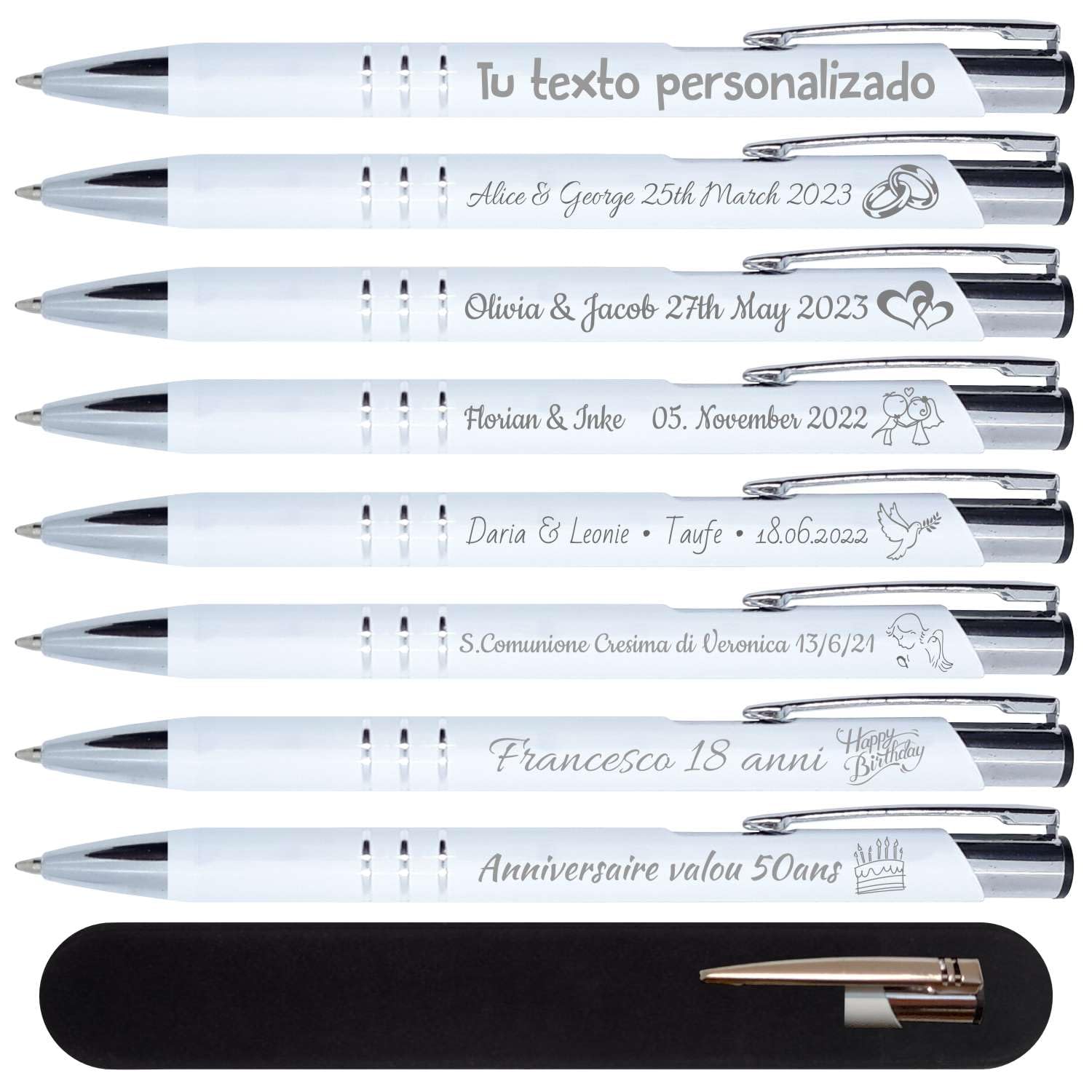 Boligrafos metálico personalizados - Pack de 50 - Perfecto como regalo personalizado para los invitados en bodas, comuniones y cumpleaños, o como bolígrafo promocional. (Blanco)