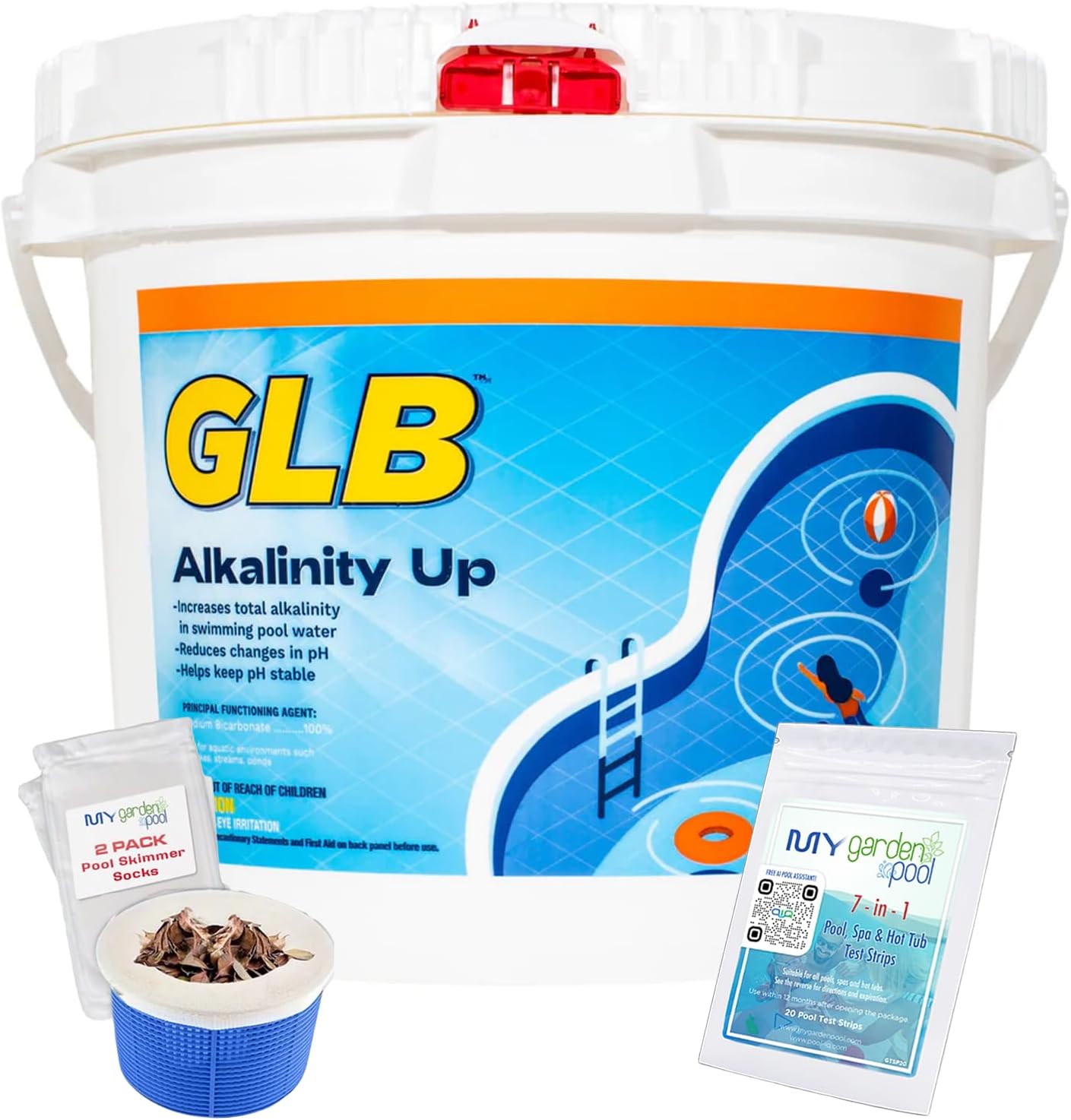 GLB Alkalinity Up (bag) 25 LB – 71203A – Maintains Proper Alkalinity & Prevents pH Fluctuations – Ideal for Balanced Pool Water – Bundle with My Garden Pool 7-in-1 Test Strips(20 ct) & 2 Skimmer Socks
