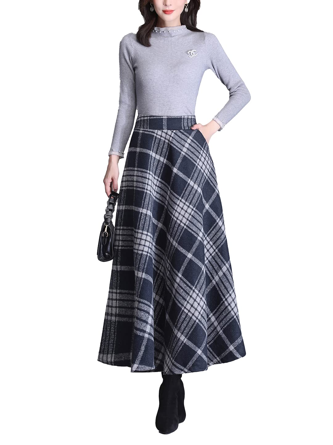 Women’s Fall Winter Wool High Waisted Plaid Long Skirt A-line Pleated Swing Maxi Skirts