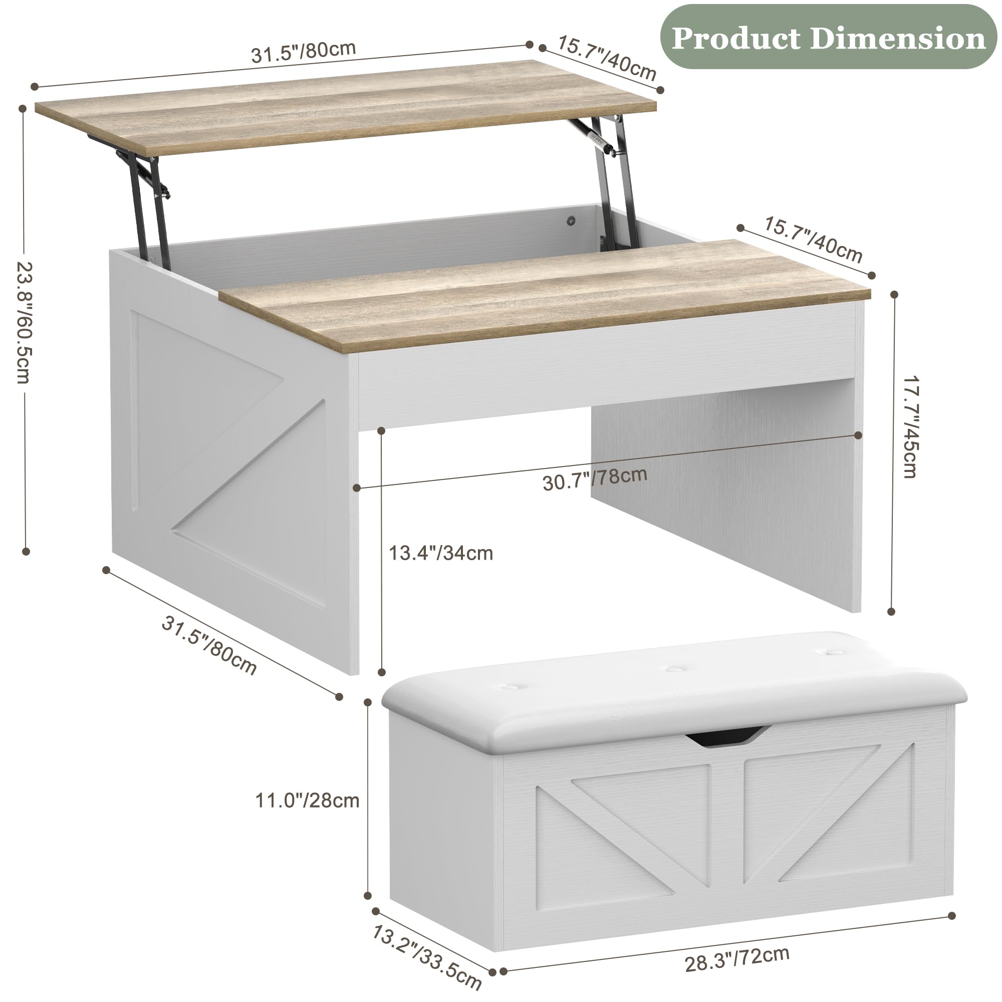Couchtische mit Aufbewahrung versteckten Fach, Lift Top 31,5 Couchtische mit Bank, Mitteltisch mit Holz Lift Tischplatte für Wohnzimmer, weiß