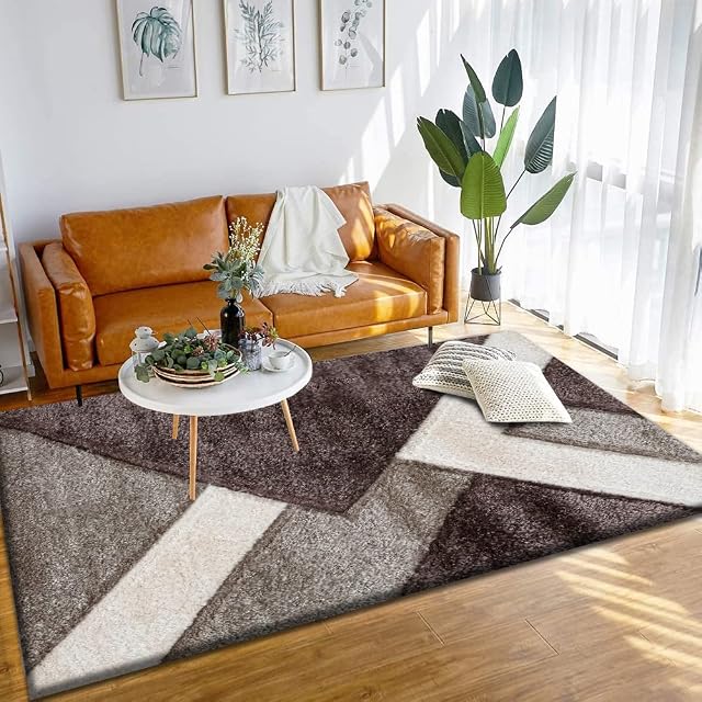 PHP Stylish Large Area Rugs For Living Room - Non Shedding Dense Pile Shaggy Rug For Bedroom Kitchen Carpet Runner Non Slip Floor Mat - Brown Beige Cream - Nova, 80 x 150 cm