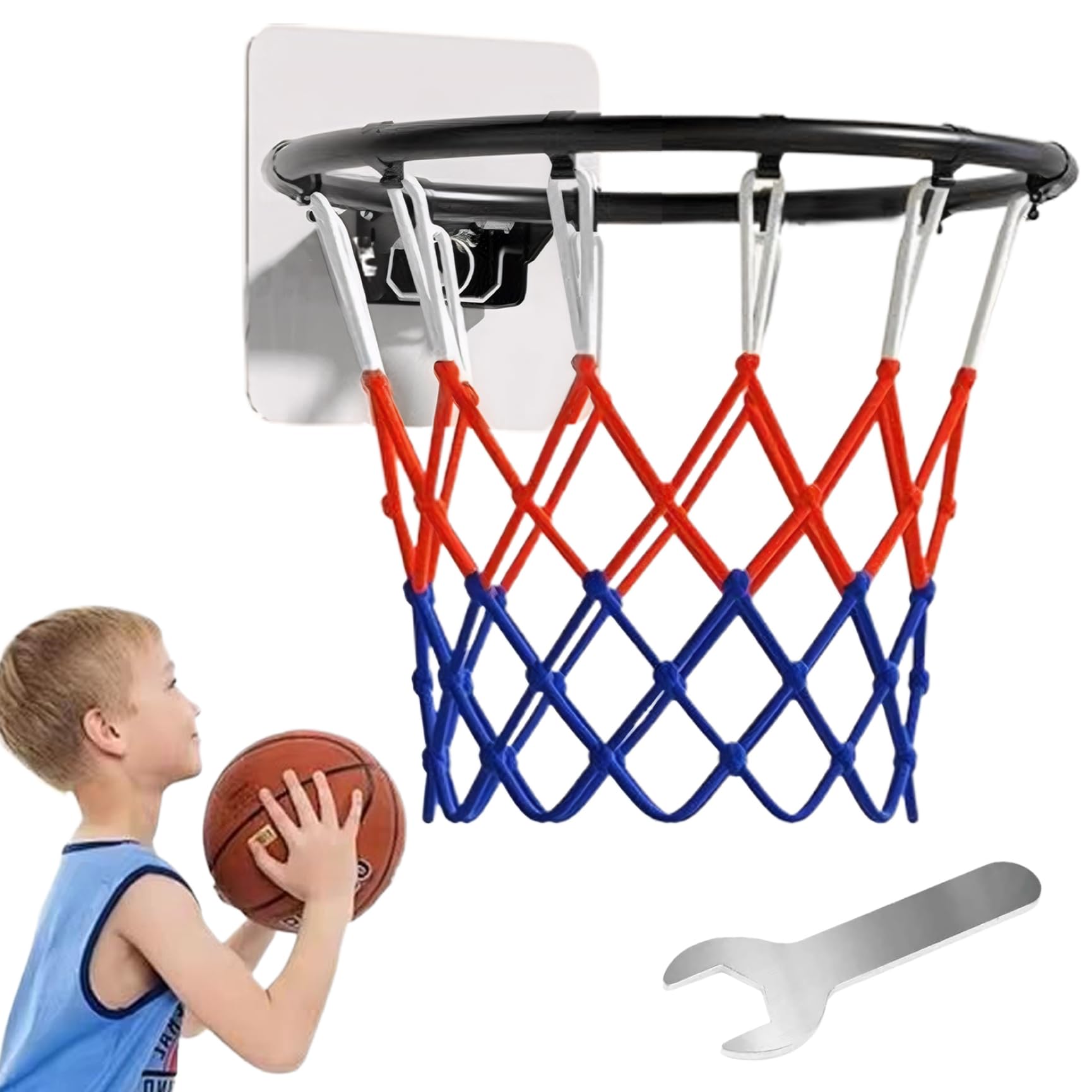 Cerchio di ricambio per canestro da basket, ricambio per cerchione da basket, 14 pollici con rete per tutte le stagioni, canestro pieghevole, con adesivo per montaggio su porta a parete