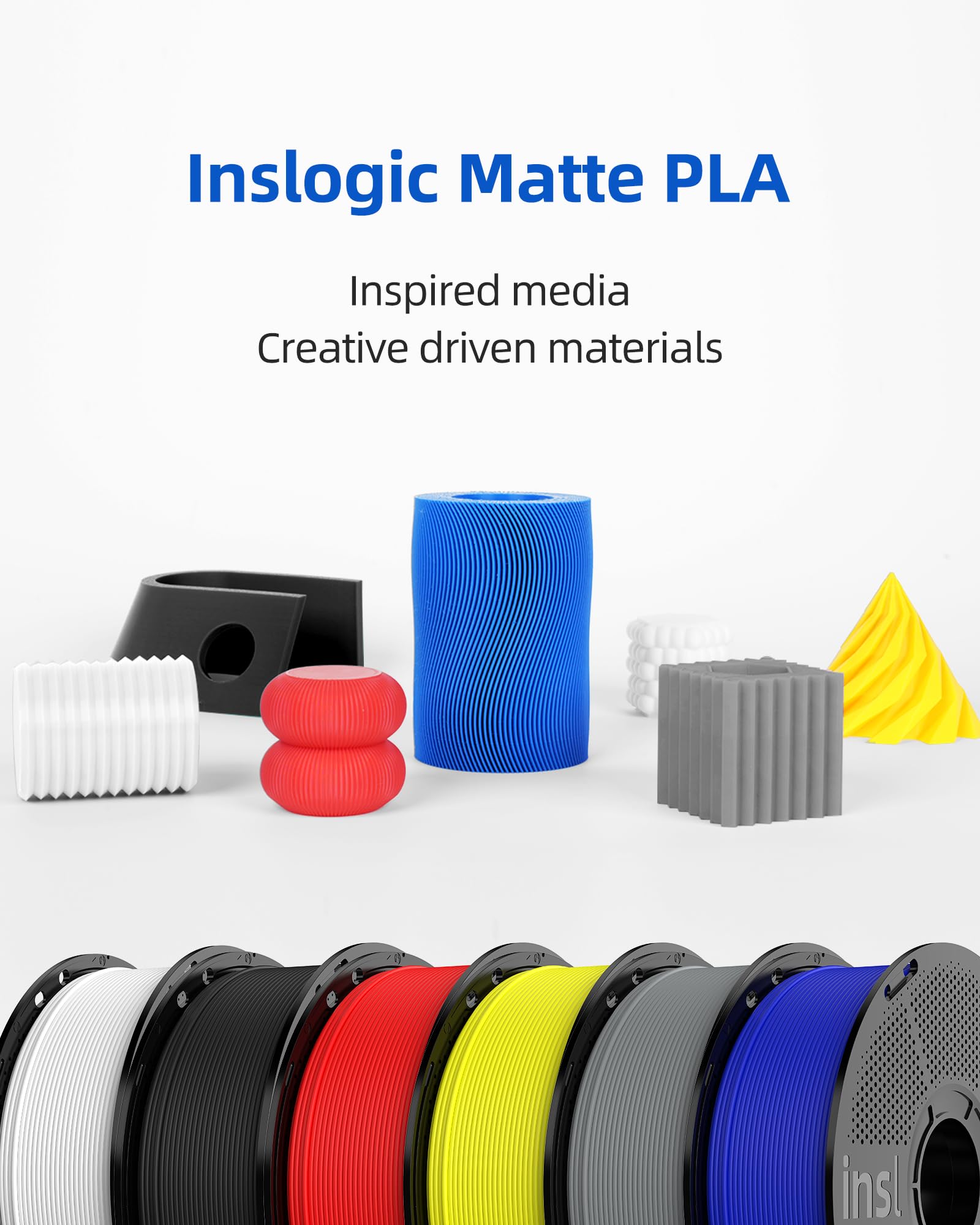 Inslogic Matte PLA Filament 1.75mm 3D Druckfilament, 5kg Bundle Mattes PLA Nachfüllpack, Maßhaltigkeit +/-0.02mm, Kompatibel mit den meisten FDM 3D Drucker (Schwarz+Weiß+Grau+Rot+Blau)
