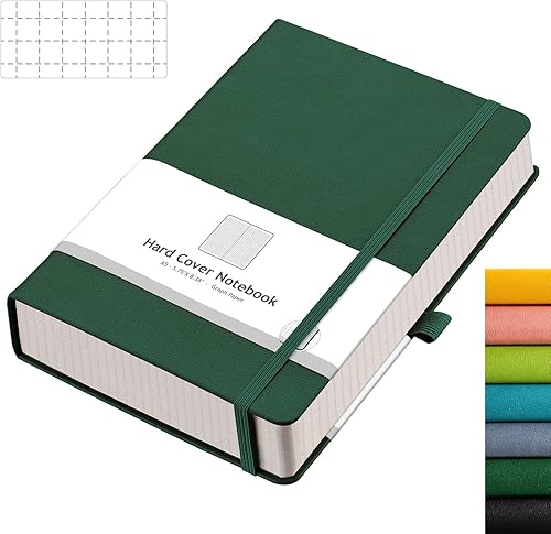 AHGXG Cuaderno de papel cuadriculado, cuaderno de 320 páginas, diario grueso A5, papel cuadriculado grueso de 3.53 ozm, tapa dura de cuero, bolsillo